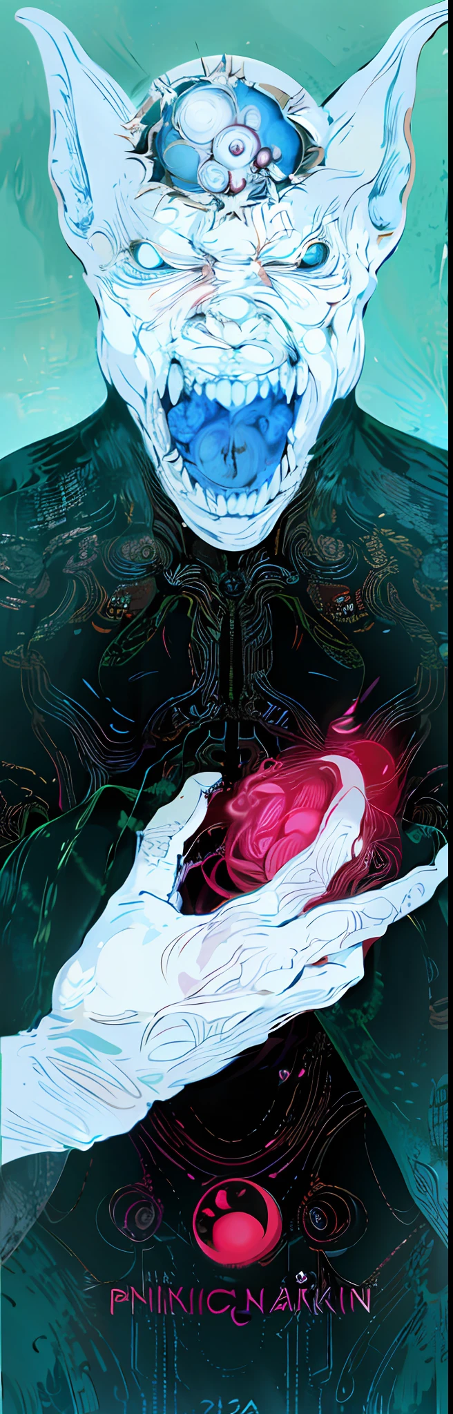 Draw a white face,A man with a red heart in his hand, inspired by Philippe Druillet, cybernetic demon dreaming, yoshitaka amano and junji ito, Ding-dong , melted cyborg, Bio mech, psychedelic organic cyborg, junji ito 4 k, moebius and kilian eng, Detailed cover artwork