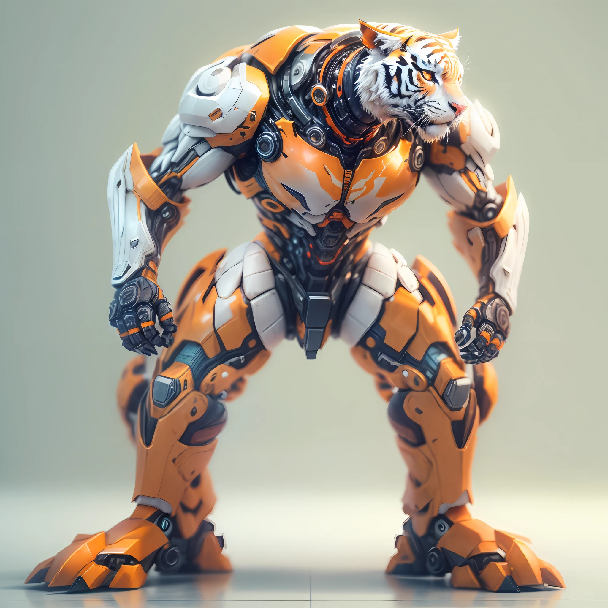 (anthropomorphism:1.5),(Full Body Shot), Cyberpunk, In the middle, 1 Orange Tiger mecha(Mechanical style Orange Tiger head,  muscular limbs, muscular body), Standing on two legs, nobody,  Dreamy Glow,clean,white background, ( Global illumination, raytracing, HDR, unreal render,reasonable design, masterpiece, best quality, UHD, Cinematic Lighting)