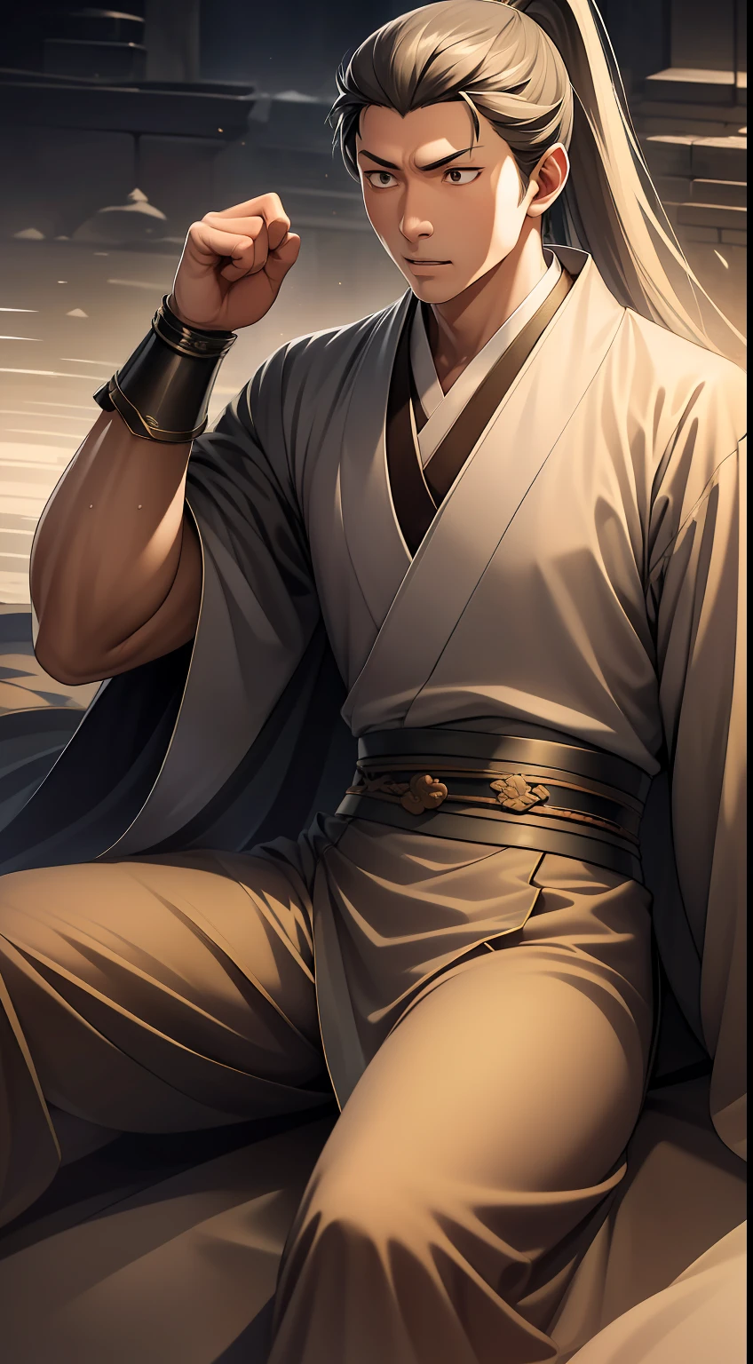 quadratic element，style of anime，mtu（Male Warrior），The proportions are correct，Face details，swordsmen，High ponytail hairstyle，Neck details，There is an Adam's apple，Black Hanfu，kaftan，Embroidered robes，Black robe，clothes details，Handing over，longer sleeves，Game quality，Swordsmanship，Light and shadow tracking，Ray traching，detailed glow，cg render，hair detail，long  white hair，Black eyes，Handsome，Handsome，（juvenile sense），Clothing is complicated，Perfectcomposition，Refinement，high qulity，higher details，Lots of details，The background is complex，a sense of atmosphere，
