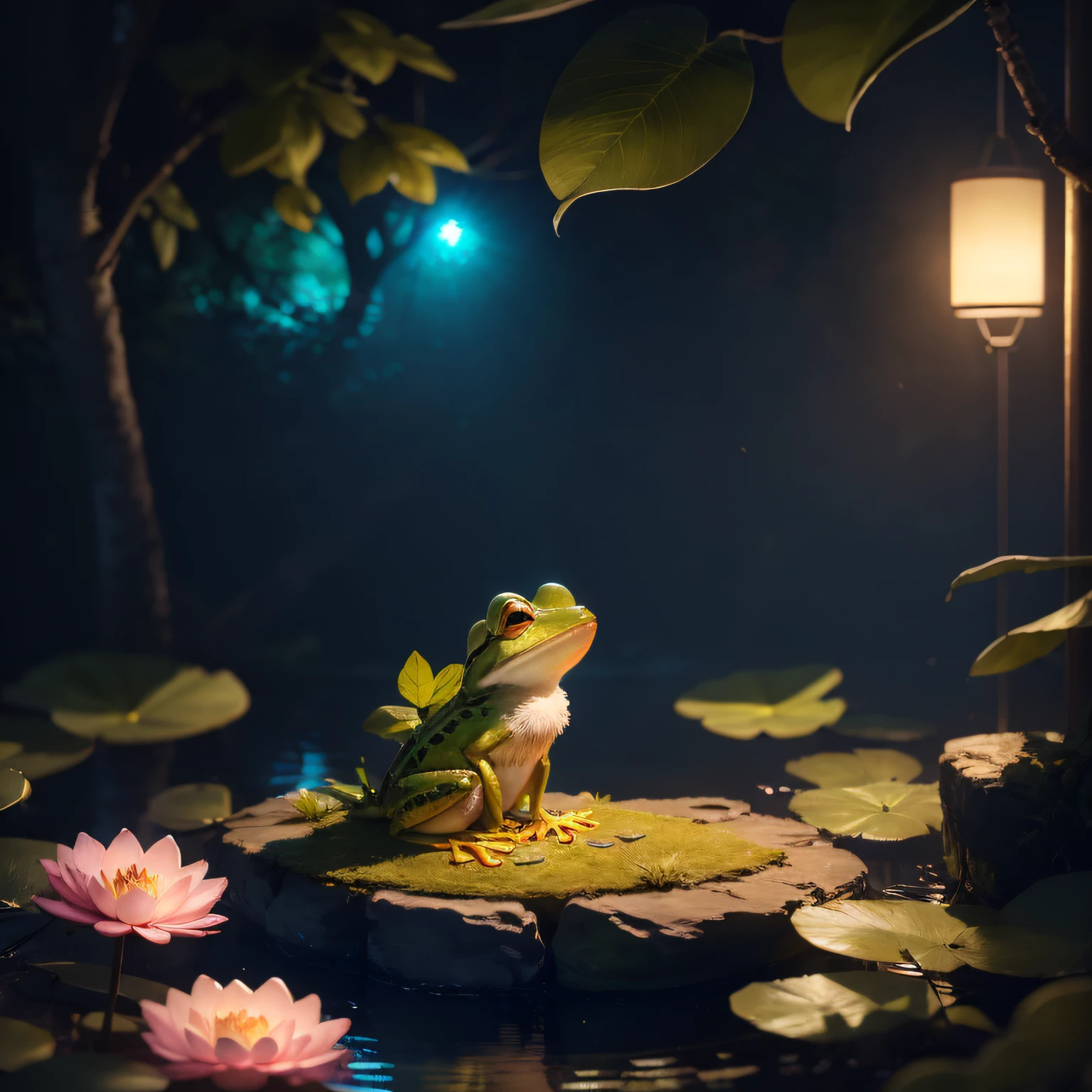 Masterpiece, Best quality, (Very detailed CG Unity 8K wallpapers), (Best quality), (Most Best Illustration), (Best shadows), Forest theme with natural elements. In the midst of beautiful nature, Imagine a cute little frog studying diligently. This cute frog sits on a pink water lily mat in a small pond. From afar, You can see the light, White clouds drift across the clear blue sky. The song of birds and the chirping of insects echo around, creating a serene and peaceful atmosphere, (nature elements), (Jungle theme), (Leaves), (branches), ( glowworm), Butterflies, (Delicate leaves), (Glow), (particle fx). , Isometric 3D, Octane rendering, Ray tracing, Super detailed