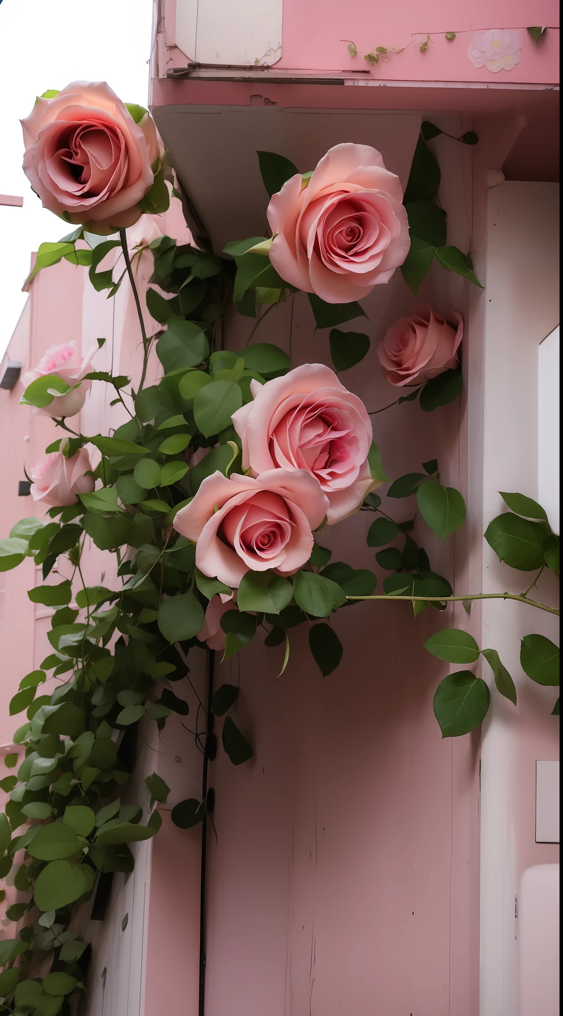 Pink roses grow on the sides of the building, beautiful aesthetic, rosses, nature and floral aesthetics, rosette, a few roses, beautiful flowers growing, roses in cinematic light, Beautiful and aesthetic, rose twining, decorative roses, Beautiful composition, Beautiful flowers, portal made of roses, pastel roses, flowers and vines, Blooming flowers