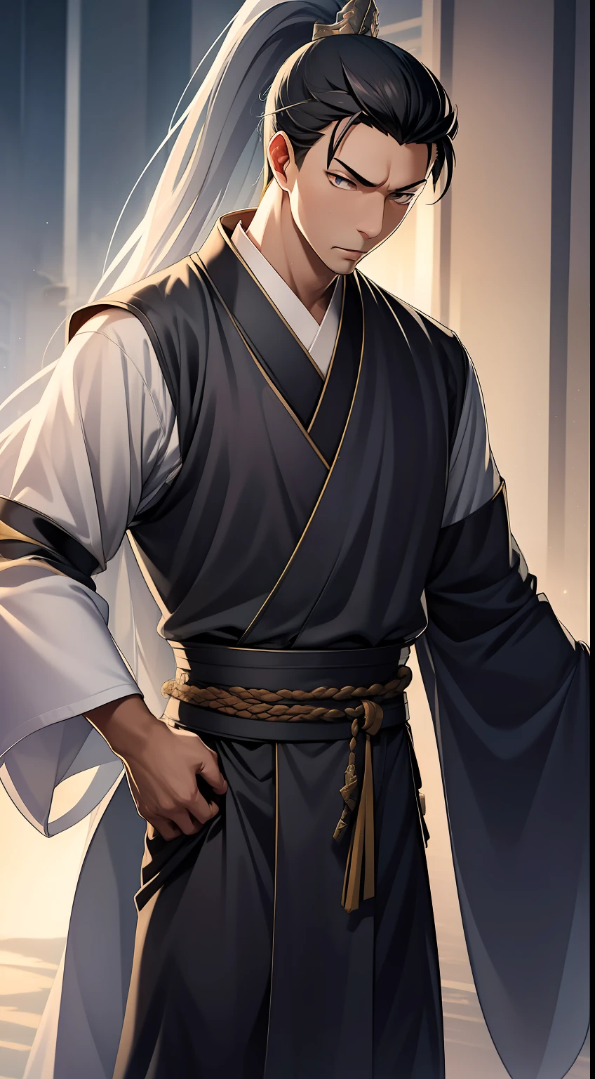 quadratic element,style of anime,mtu(Male Warrior),The proportions are correct,Face details,swordsmen,High ponytail hairstyle,Neck details,There is an Adam's apple,Black Hanfu,kaftan,Embroidered robes,Black robe,clothes details,Handing over,longer sleeves,Game quality,Swordsmanship,Light and shadow tracking,Ray traching,detailed glow,cg render,hair detail,long white hair,Black eyes,Handsome,Handsome,(juvenile sense),Clothing is complicated,Perfectcomposition,Refinement,high qulity,higher details,Lots of details,The background is complex,a sense of atmosphere,