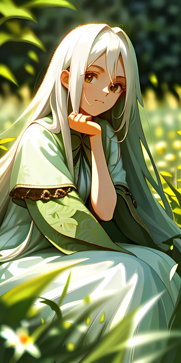 (masterpiece, best quality),1girl with long white hair sitting in a field of green plants and flowers, her hand under her chin, warm lighting, white dress, blurry foreground