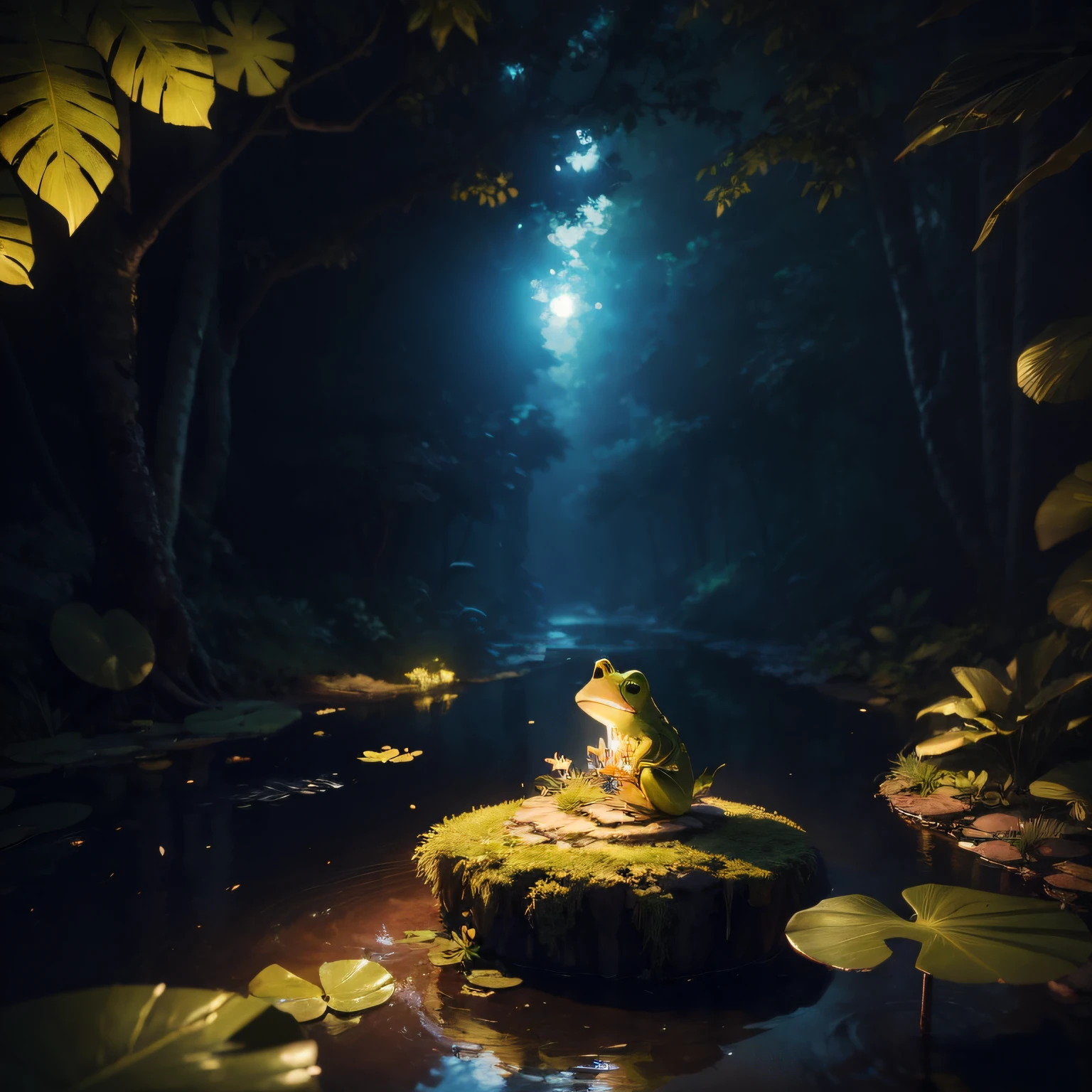 Masterpiece, Best quality, (Very detailed CG Unity 8K wallpapers), (Best quality), (Most Best Illustration), (Best shadows), Forest theme with natural elements. In the midst of beautiful nature, Imagine a cute little frog studying diligently. This cute frog sits on a pink water lily mat in a small pond. From afar, You can see the light, White clouds drift across the clear blue sky. The song of birds and the chirping of insects echo around, creating a serene and peaceful atmosphere, (nature elements), (Jungle theme), (Leaves), (branches), ( glowworm), Butterflies, (Delicate leaves), (Glow), (particle fx). , Isometric 3D, Octane rendering, Ray tracing, Super detailed