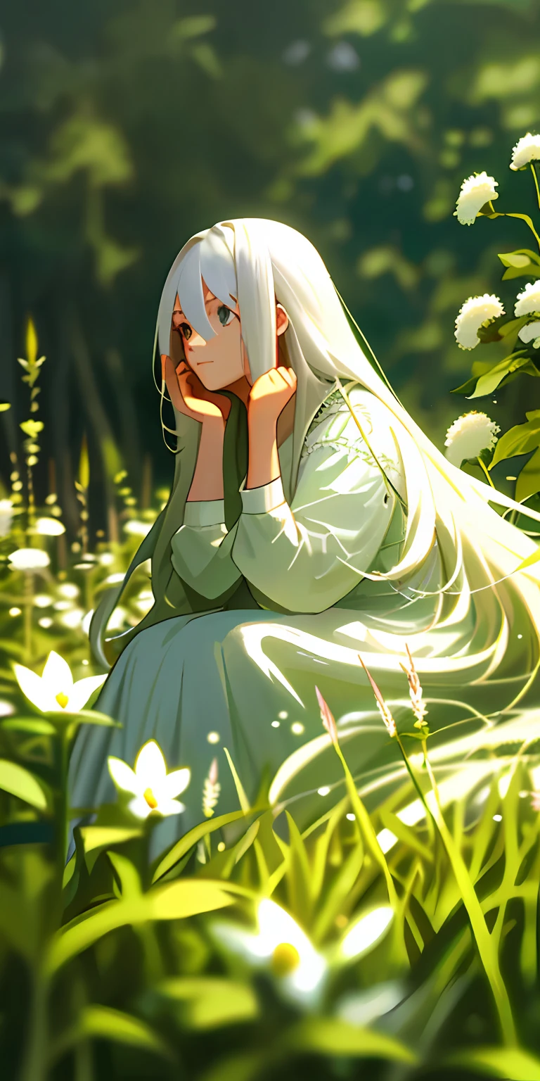 (masterpiece, best quality),1girl with long white hair sitting in a field of green plants and flowers, her hand under her chin, warm lighting, white dress, blurry foreground