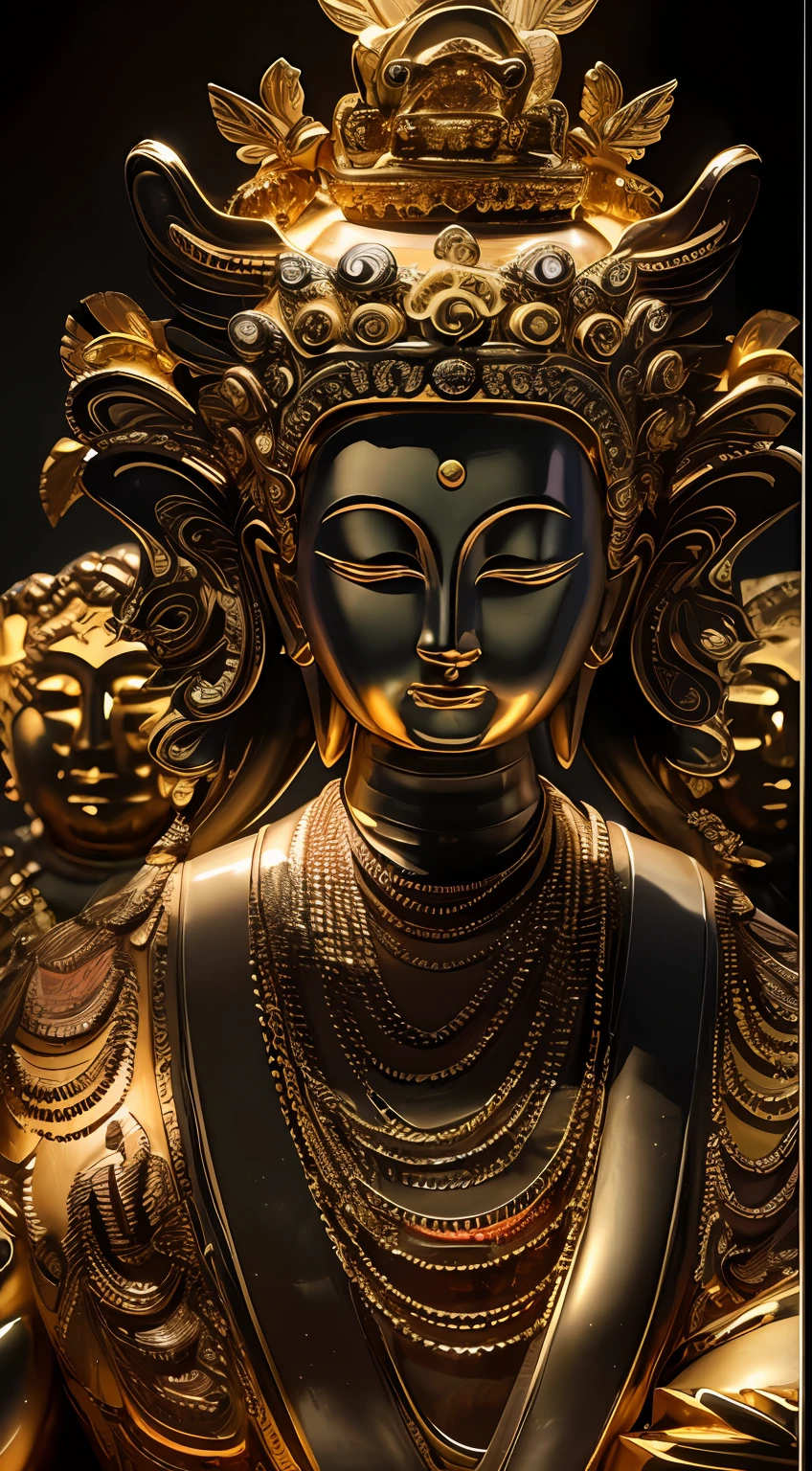 ​masterpiece, Top image quality, Unity 8k Wallpapers、hight resolution, detaileds,Golden Buddha Statue,inspired by the Seven Lucky Gods, The world's finest gold sculpture, Solar disk, buddhism, mystical,Shining in pitch black,Black background, Photo taken with Nikon D 7 5 0, Photograph Taken on Nikon D750