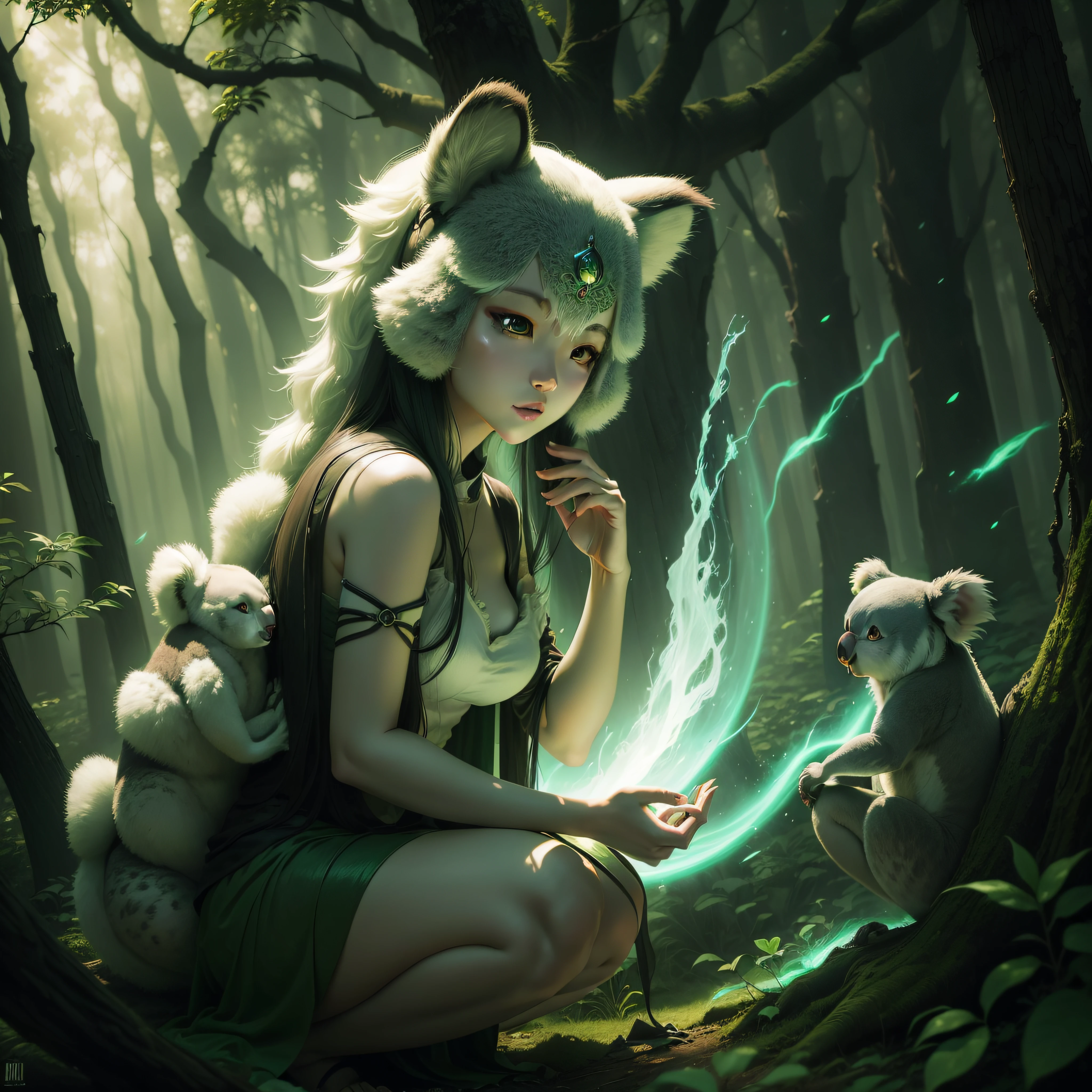 ((masterpiece)), (forest), gumiho, kitsune, ((koala)), (supernatural), dark, (magical), mythic, green atmosphere, serene, ((aura)), light particles