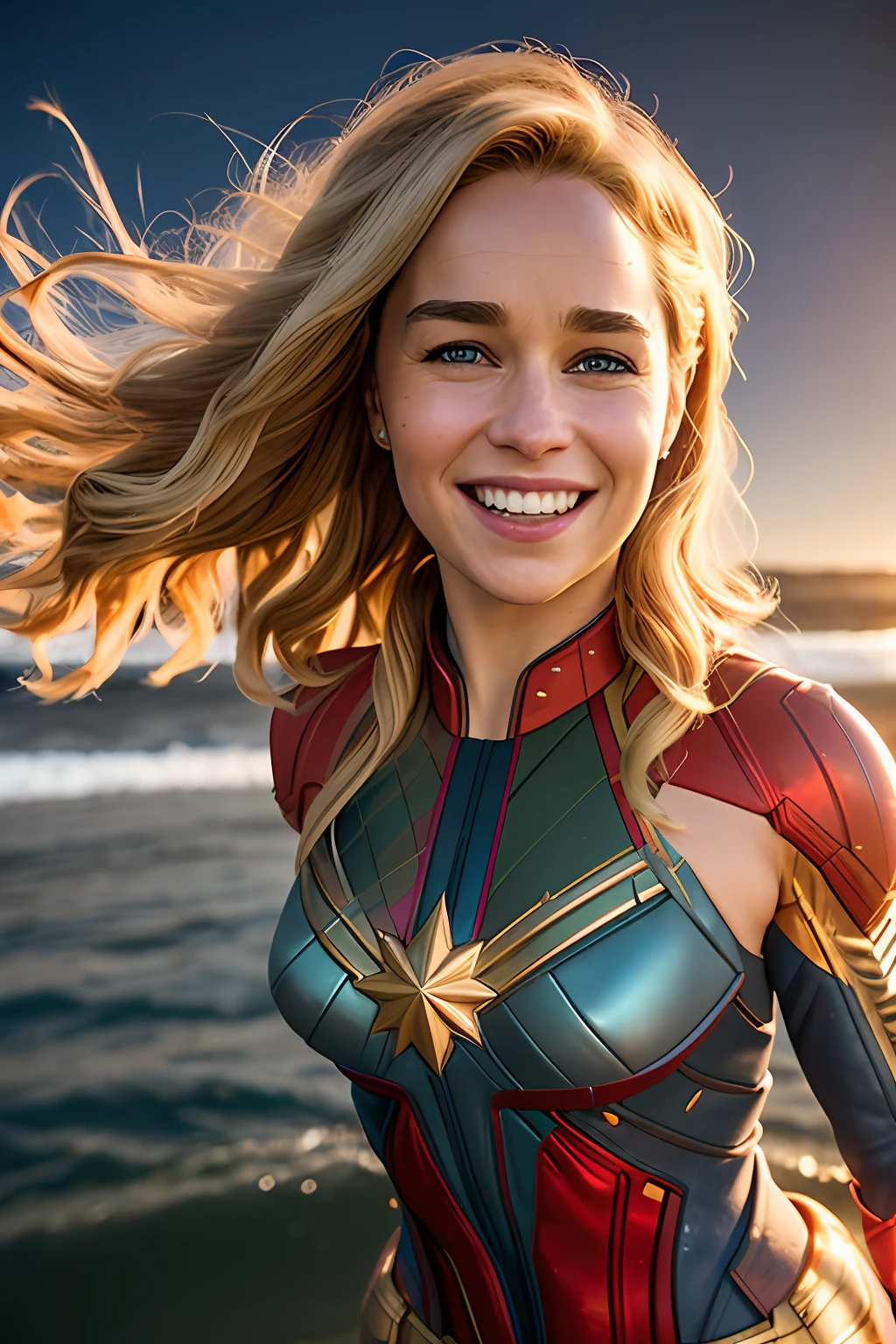 sexy Emilia Clarke as the  captain marvel, cleverage, smiling, beach, bikini captain marvel suit, soft lighting, dynamic angle, realistic lighting, smiling, happy, background at scene from the wonder-woman movie,, photo by Brooke DiDonato, (natural skin texture, hyperrealism, soft light, sharp:1.2), (intricate details:1.12), hdr masterpiece, best quality, (highly detailed photo:1.1), 8k, photorealistic ,(SFW)