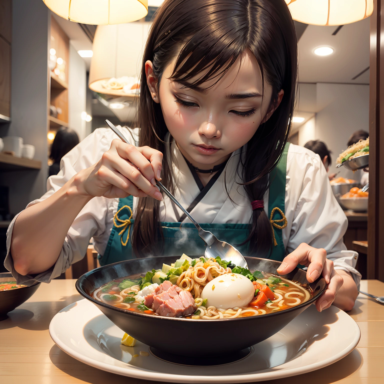 Sample Japanese cuisine，Ramen bowl，Sprengwirkung，Spritzsuppe，Nudel，Ramen-Schweinefleisch，Ramen Vegetables，Japanese cuisine，Delikatesse，delikat，realistisch，Stir the soup with two chopsticks