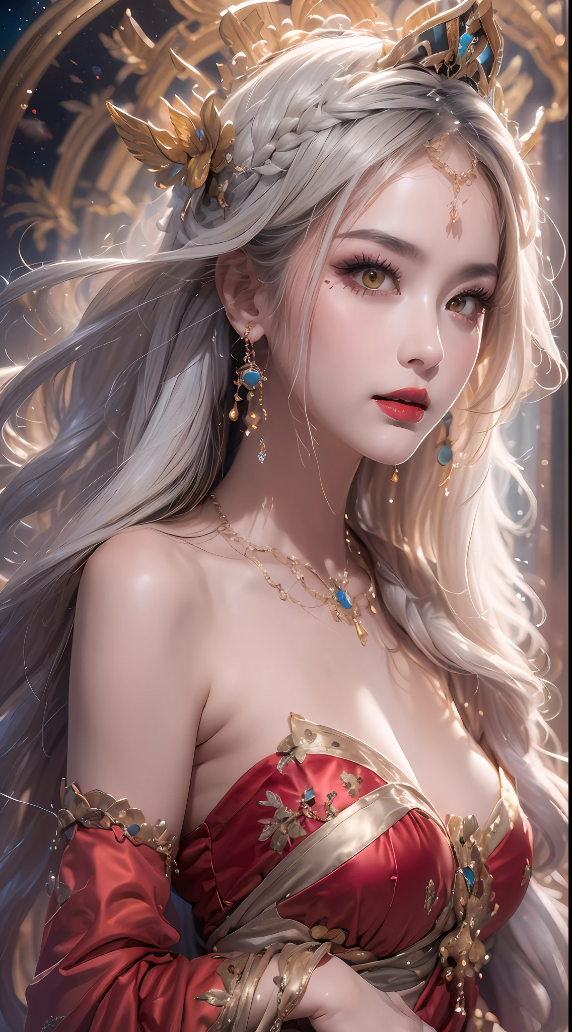 1 lustful beautiful saint, bare chest, beautiful face without blemishes, ((Natural smile:1.0)), ((flat bangs:1.2)), (((long hair): platinum :0.8 ))), big crown, hair brooch, hanfu dress, fanciful hanfu style, full body jewelry, forehead tattoo, super even chest, woman's face, delicate face makeup, mold pretty face, (((including porcelain teeth: 0.8), prettiest and details light red lipstick, huge breasts, super round and balanced, (((Full and thin lips: 0.3) )), ((Color) yellow eyes: 1,2), Detailed and delicate lighting effects, light and dark, light impression, magical light, detailed light, true color, super sharp, realistic, 8k quality, fanciful cosmic background, saintess and fantasy space, the most detailed image, ((Solo:0.3)), ((holy girl:0.6)), (( look at) straight to the saint's upper body female:0.4)), upper body, ((smooth skin:0.5)), ((solo:1.3)), ((( alone girl : 1.3)), saint portrait, short photo, Full portrait body, (((open mouth:0.6))),Digital Reality,((fanciful red smoke effect:1.2)),