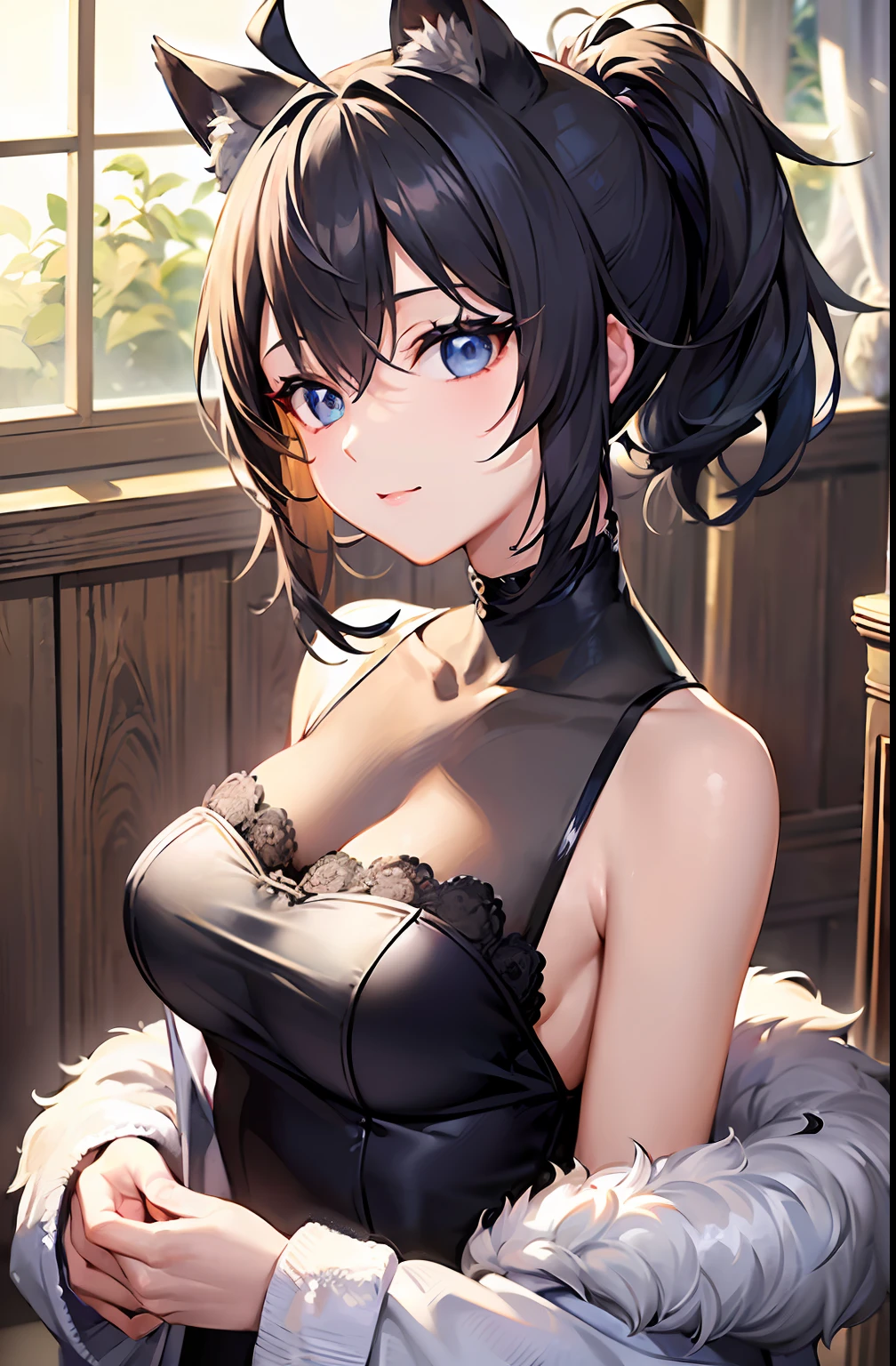 ((top-quality))、((a masterpiece of))、((ultra-definition))、(illustratio)、(Fine light)、(Extremely delicate and beautiful)、(((独奏)))、1 girl in、(((beautiful a girl)))、mideum breasts,blue eyess,(Black cat ears), (Ahoge), shorth hair, (Maeby Hair),bathrobe