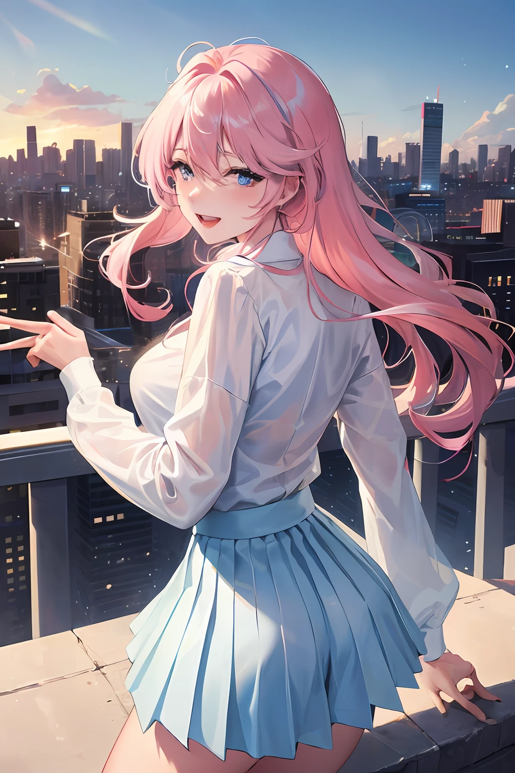 Official fine art,tmasterpiece,Sharp focus,(Beautiful gorgeous lovely Korean women:1.3),(beautiful lovely Korean people:1.3),South Korean beauties,Delicate and beautiful hair and eyes and face,realisticlying,ultra - detailed,a beauty girl,blue-sky,Glowing white particles,(sidelighting:1.2),rays of sunshine,baiyun,Detailed clouds,Slender,Cute big breasts and big buttocks,Toothy laughter,((Laugh and open your eyes)),scenecy,Long straight hair, sexy facial expression, buliding, (cityscape:1.7), Dynamic hair, Long straight hair, Delicate platinum-pink hair, glow blue eyes, (blue pleated shirt+white skirt), long white socks, paleskin, hair adornments, epic landscapes,The background of the star's expectation
