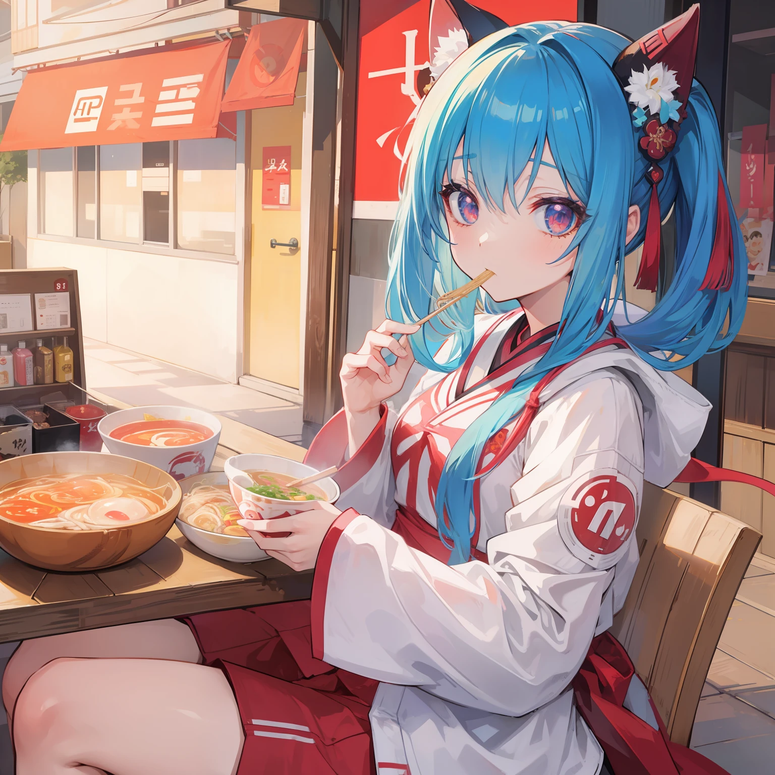animesque。a beauty girl。Eating ramen。