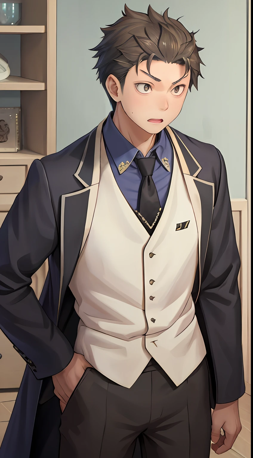 (1 Adult male),A high resolution, Sharp focus, Pixiv masterpiece, ((Complicated details)), highly detailed, natsuki_subaru, 1 man, with her mouth open,drools,full bodyesbian, Golden eyes(eyes glowing), blond hairbl,white shirt,Blue tie,thongs,obi strip,cloaks,perspire,look from down