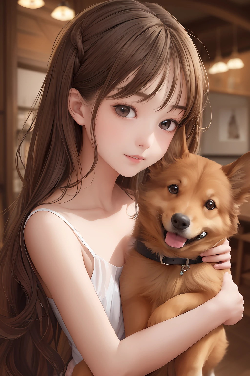 The upper part of the body、an oil painting、masterpiece、top-quality、hight resolution、long brown hair、s girl、Holding a dog、Dogs are corgis