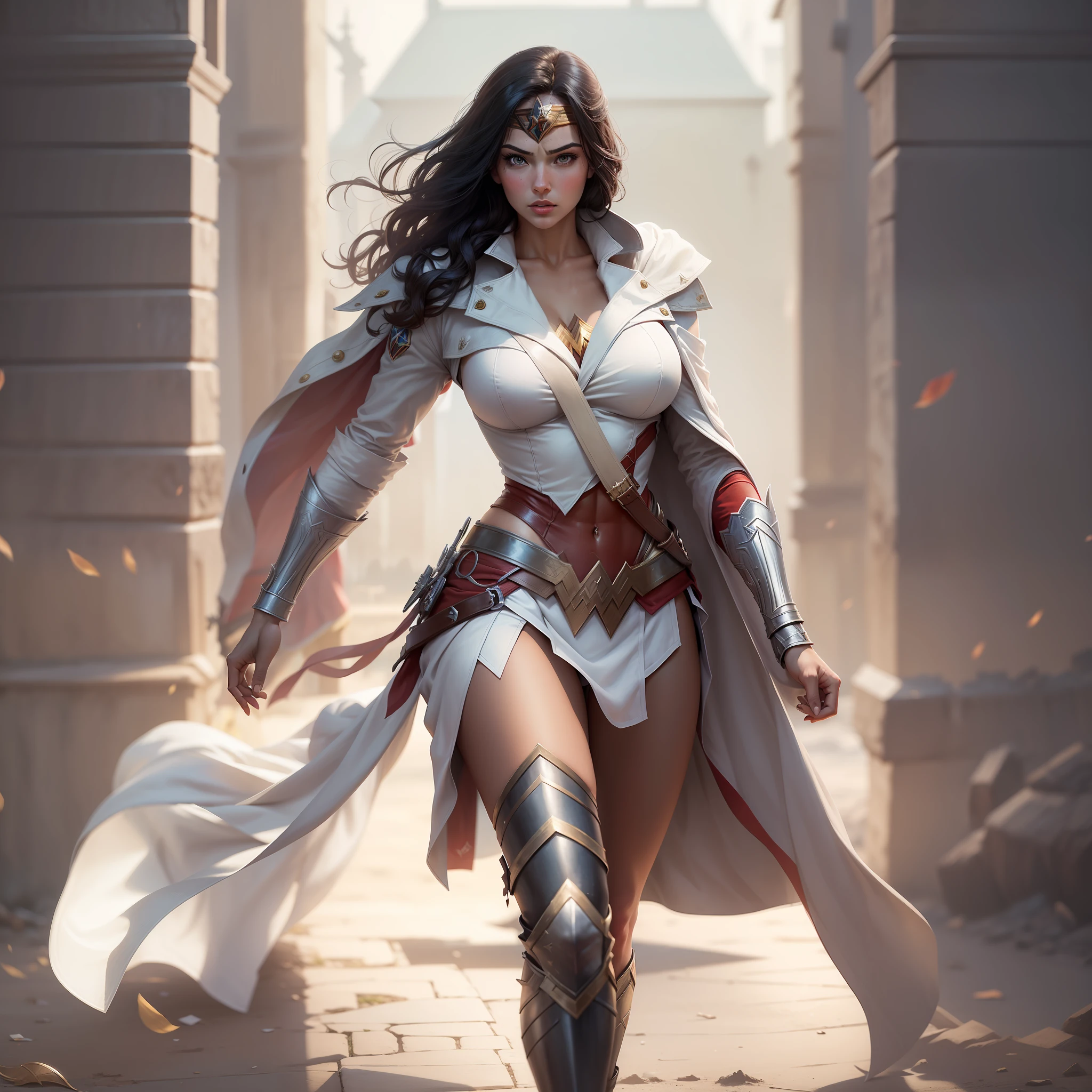 1girl, (masterpiece, top quality, best quality), wonder woman in assassins creed style, assassin white robe, hidden blades, well-defined body, big boobs, abs, long sport legs, boots on heels