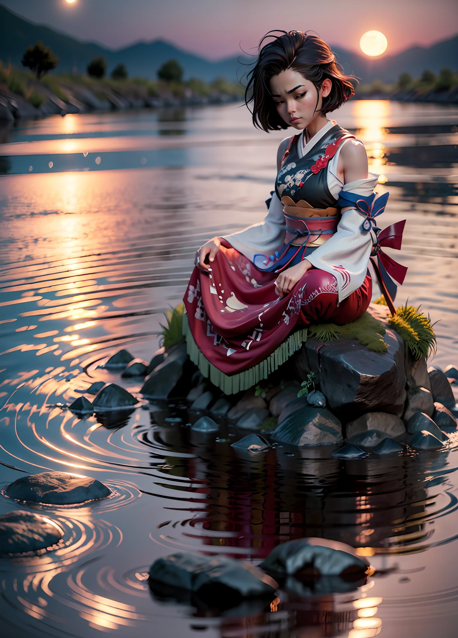 Character, Beautiful Samurai, Meditating sitting, on the edge of a river full of stones, at sunset, ultra realistic photo, perfect face details, good skin texture, perfect shadows and light, award winning photo, (cotton texture),ultra short hair,Very bright eyes, Lighting details, Anime style with defining strokes, Dark background with moon blue light, 8K, hyper HD, Low chroma,severe low lighting, High quality, Sharp focus, Fujifilm XT3
