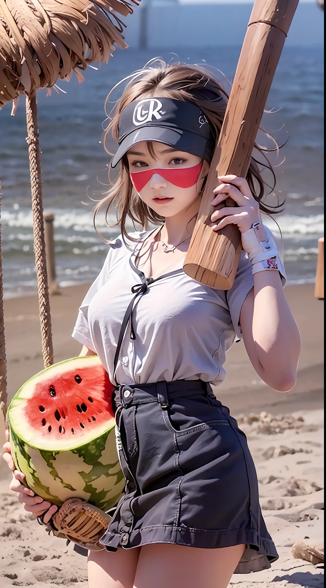(masterpiece),(best quality),(ultra-detailed CG unity 8k wallpaper),(beautiful girl),(wearing blindfold),(holding a baseball bat in both hands),(swinging it above her head),(hitting a watermelon),(on the beach)
