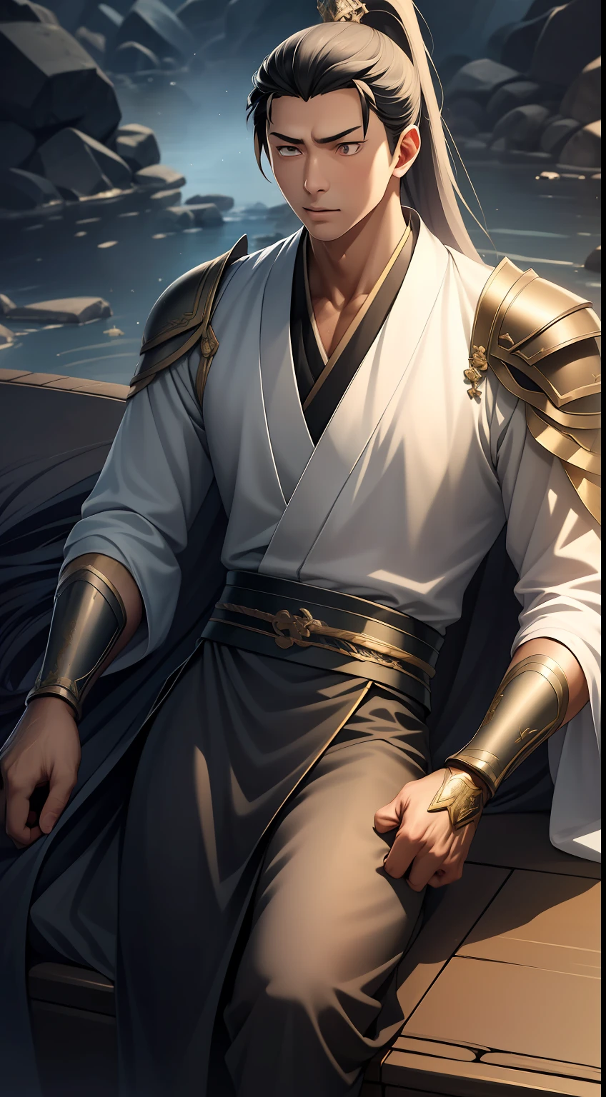 quadratic element,style of anime,mtu(Male Warrior),The proportions are correct,Face details,swordsmen,High ponytail hairstyle,Neck details,There is an Adam's apple,Black Hanfu,kaftan,Embroidered robes,Black robe,clothes details,Handing over,longer sleeves,Game quality,Swordsmanship,Light and shadow tracking,Ray traching,detailed glow,cg render,hair detail,long white hair,Black eyes,Handsome,Handsome,(juvenile sense),Clothing is complicated,Perfectcomposition,Refinement,high qulity,higher details,Lots of details,The background is complex,a sense of atmosphere,
