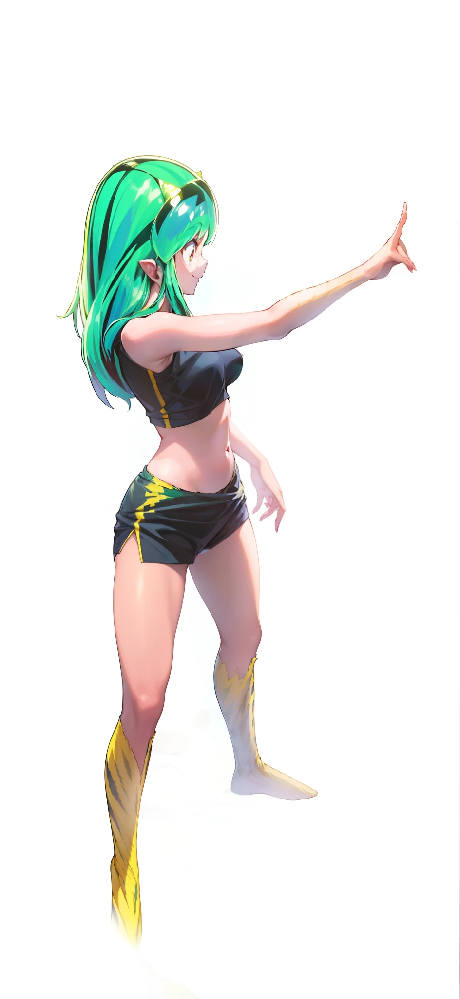 Tiger print boots、sport underwear、Woman with green hair and horns、Tiger print bikini、dance、animesque、urusei yatsura、A smile