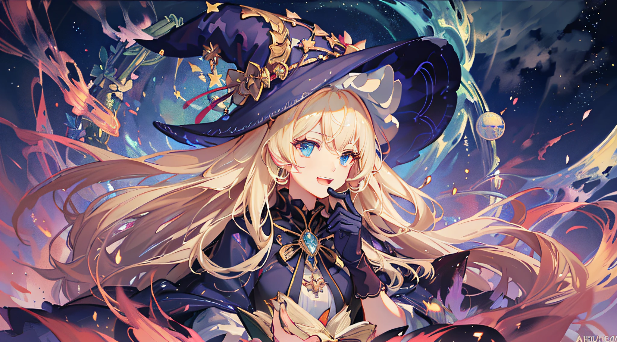 ((Masterpiece: 1.2, Best Quality)), 1girl, Solo, (Witch Hat), Blonde, Long Hair, Dress, Aurora, Night, Stars (Sky), Gloves, Sky, White Dress, Night Sky, Open Mouth, Starry Sky, Blue Eyes, Ribbon, Very Long Hair, Red Dress, Smile, Hair Ribbon, Cloak, Blue Hair, (Bird), Magic, Casting Spells, Dark Clouds, Night, (Impressionism: 1.4), (Tarot: 1.3) , Alphonse Mucha,