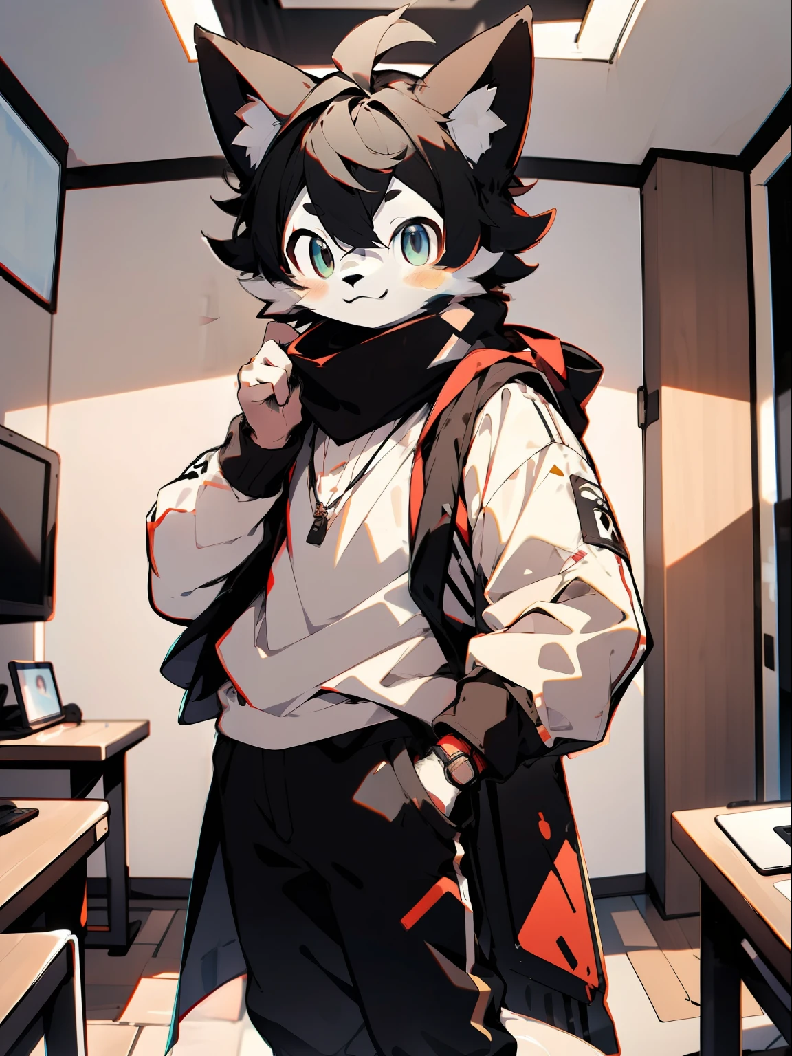 depth of fields,lighting perfect,light particules,(best qualtiy),(tmasterpiece),(ultra - detailed),Sharp focus,light particules,niji,Eyes,Blushlush,Red_Eyes,Looking_at_peeping at the viewer,Close your mouth,With a smile,Solo,Furry,Animal_Ear_vellus hair,Open_clothes,coda,rays of sunshine,Man,Young person,long white coat,baggy black pants,Dark gray sweater,Clothing with a sense of technology,wears glasses,Coordinated body proportions,Stand in a room with good light transmission