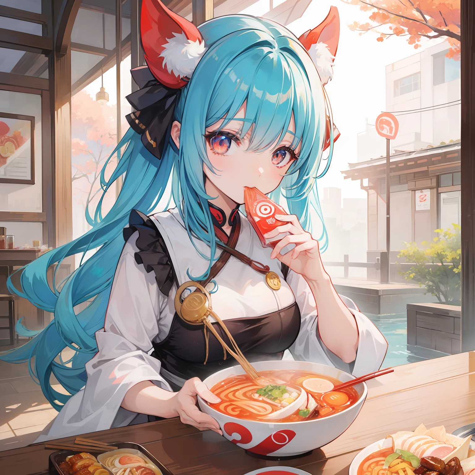 animesque。a beauty girl。Eating ramen。