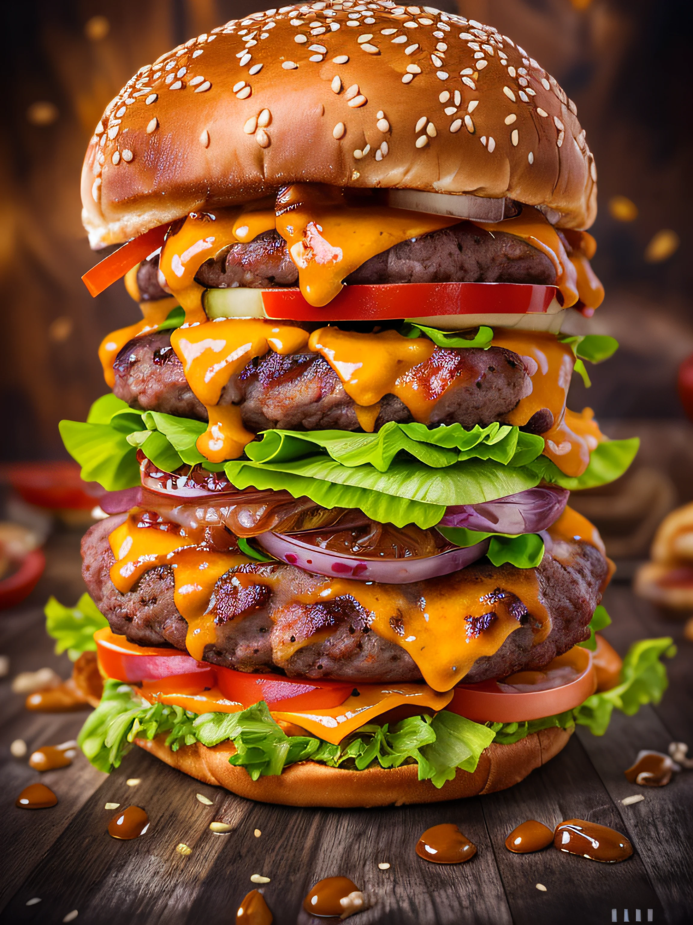 luscious, Hot and mouthwatering double burger, Scattered apart, with vivid details and high detail, cinematic style with HDR effect, created with Adobe Lightroom.
