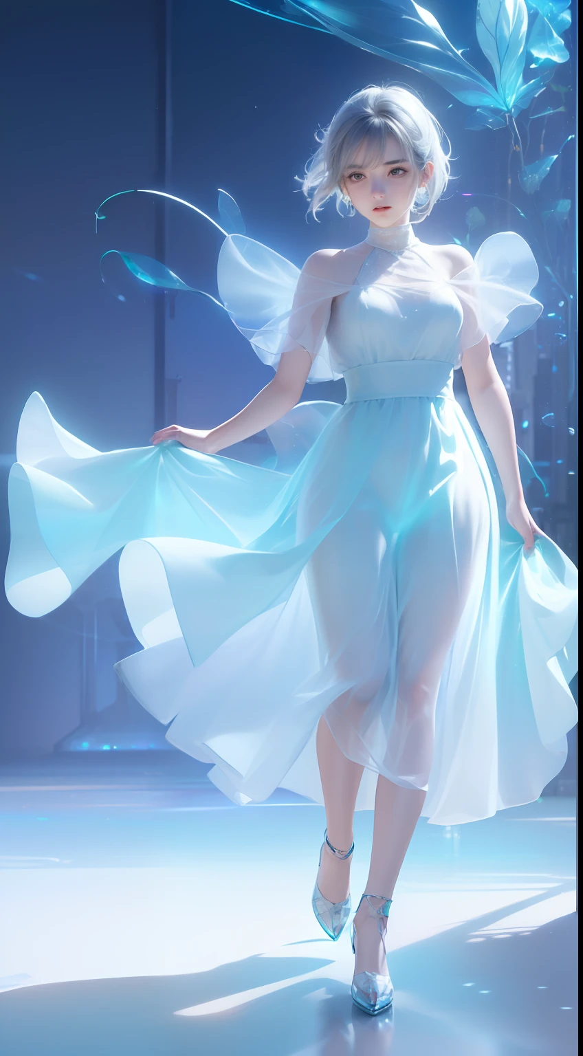 (((A girl))，Long skirt，Irridescent color，The Arthur effect, Transparent body, Gradient translucent glass melt, Caustics, transparent glass texture, Irridescent color, Designed by Dietrams, Simple, Glows in high detail, white backgrounid, industrial design, studio lit, C4D, OC renderer, Clean shadows, 4K