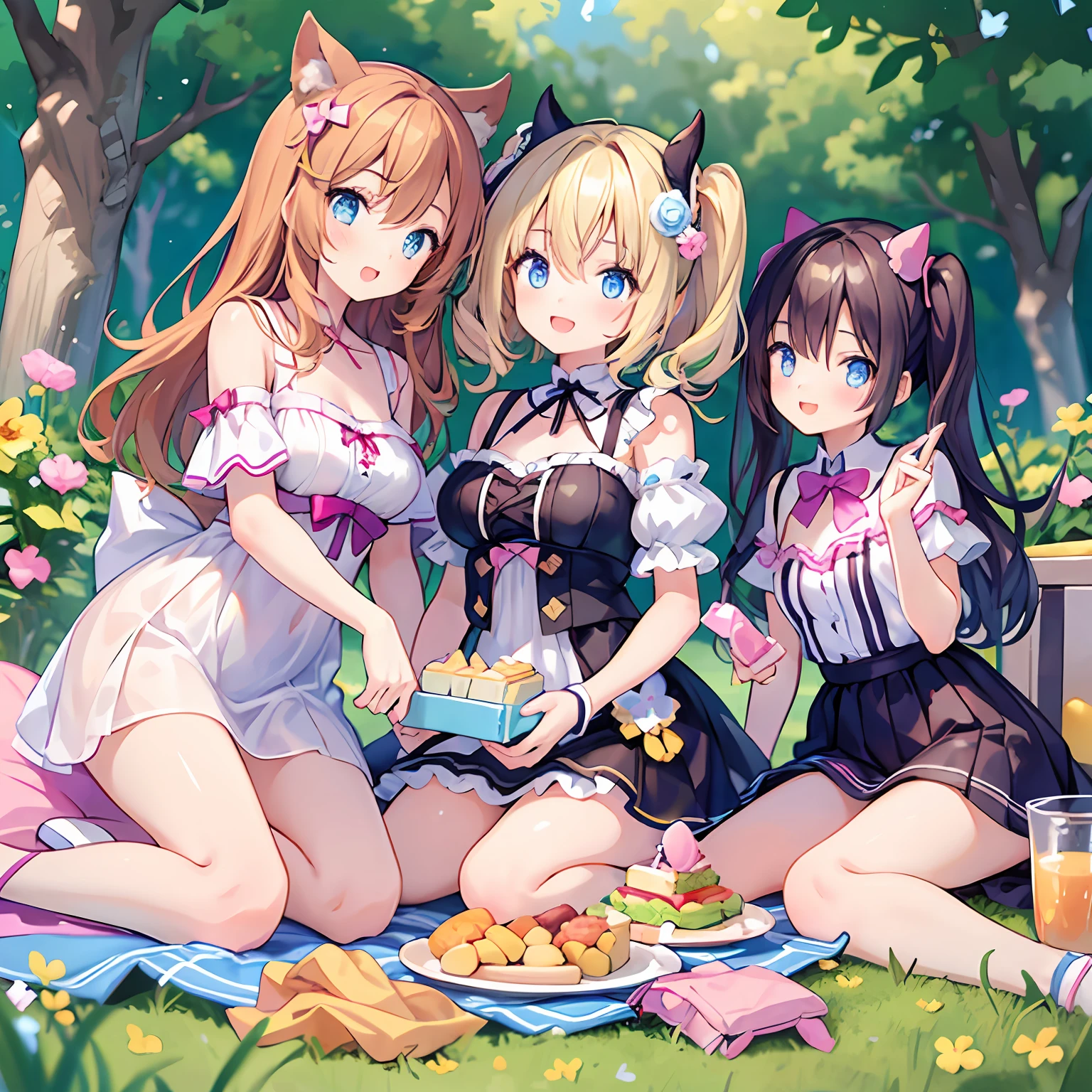 masterpiece, (2girls and 2girls and 2girls and 2girls at picnic), idol, big eyes, kawaiitech, kawaii, cute, pastel colors, best quality, happy, deep background, symmetrical, tilted head, summer