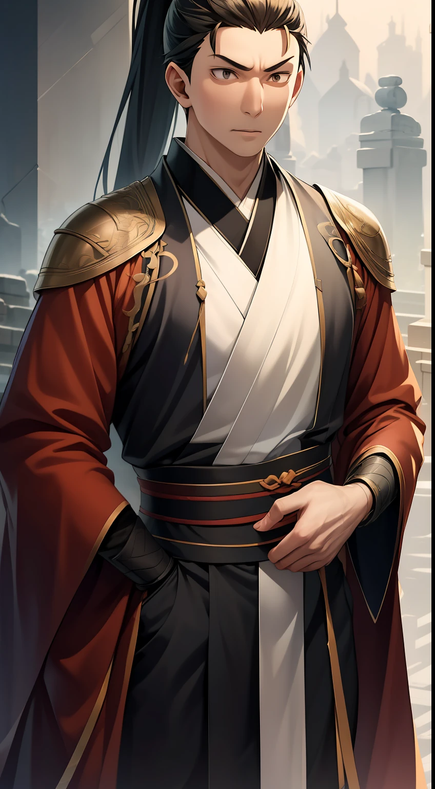 quadratic element,style of anime,mtu(Male Warrior),The proportions are correct,Face details,swordsmen,High ponytail hairstyle,Neck details,There is an Adam's apple,Black Hanfu,kaftan,Embroidered robes,Black robe,clothes details,Handing over,longer sleeves,Game quality,Swordsmanship,Light and shadow tracking,Ray traching,detailed glow,cg render,hair detail,long white hair,Black eyes,Handsome,Handsome,(juvenile sense),Clothing is complicated,Perfectcomposition,Refinement,high qulity,higher details,Lots of details,The background is complex,a sense of atmosphere,