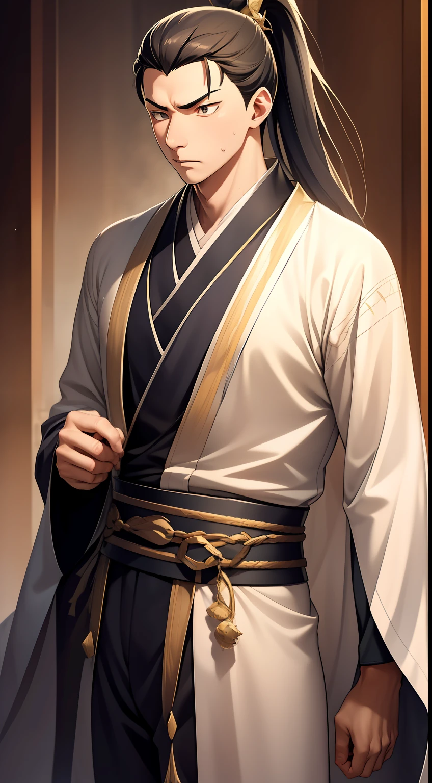 quadratic element,style of anime,mtu(Male Warrior),The proportions are correct,Face details,swordsmen,High ponytail hairstyle,Neck details,There is an Adam's apple,Black Hanfu,kaftan,Embroidered robes,Black robe,clothes details,Handing over,longer sleeves,Game quality,Swordsmanship,Light and shadow tracking,Ray traching,detailed glow,cg render,hair detail,long white hair,Black eyes,Handsome,Handsome,(juvenile sense),Clothing is complicated,Perfectcomposition,Refinement,high qulity,higher details,Lots of details,The background is complex,a sense of atmosphere,