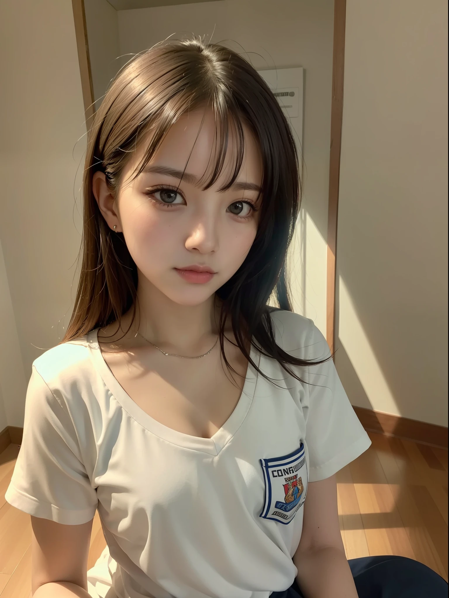 ((top quality, 8k, masterpiece: 1.3, raw photo)), Sharp Focus: 1.2, (1 kpop idol girl), (Realistic, Photorealistic: 1.37), (face focus: 1.1), cute face, ultra detailed face, small breasts, flat chest, brunette short messy hair, kindness, (sitting, cowboy shot, school uniform, thighs:1.2), sunlight, movie lighting