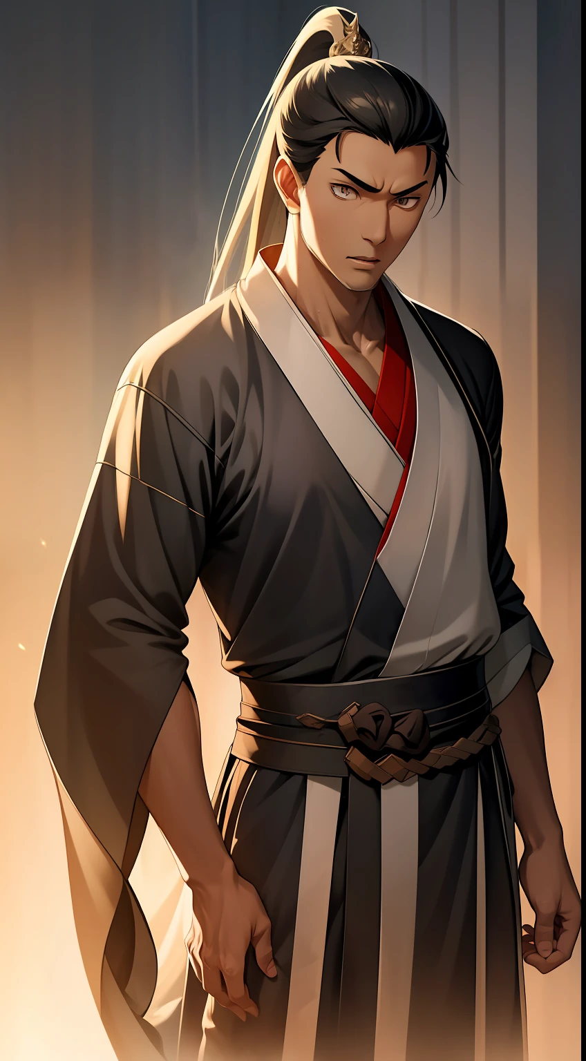quadratic element，style of anime，mtu（Male Warrior），The proportions are correct，Face details，swordsmen，High ponytail hairstyle，Neck details，There is an Adam's apple，Black Hanfu，kaftan，Embroidered robes，Black robe，clothes details，Handing over，longer sleeves，Game quality，Swordsmanship，Light and shadow tracking，Ray traching，detailed glow，cg render，hair detail，long  white hair，Black eyes，Handsome，Handsome，（juvenile sense），Clothing is complicated，Perfectcomposition，Refinement，high qulity，higher details，Lots of details，The background is complex，a sense of atmosphere，