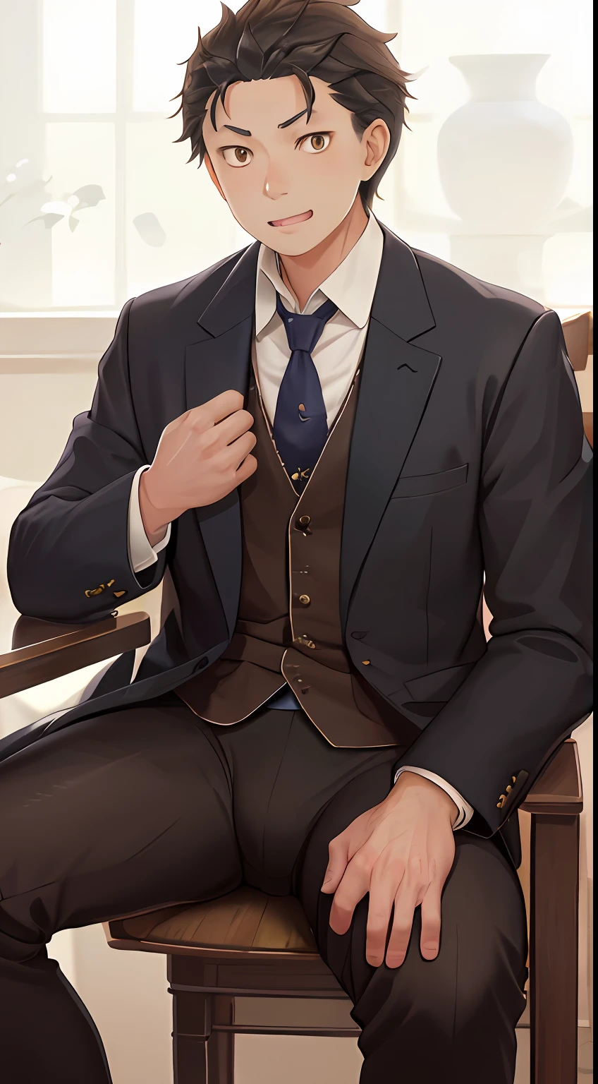 (1 Adult male),A high resolution, Sharp focus, Pixiv masterpiece, ((Complicated details)), highly detailed, natsuki_subaru, 1 man, with her mouth open,drools,full bodyesbian, Golden eyes(eyes glowing), blond hairbl,white shirt,Blue tie,thongs,obi strip,in suit,perspire,look from down