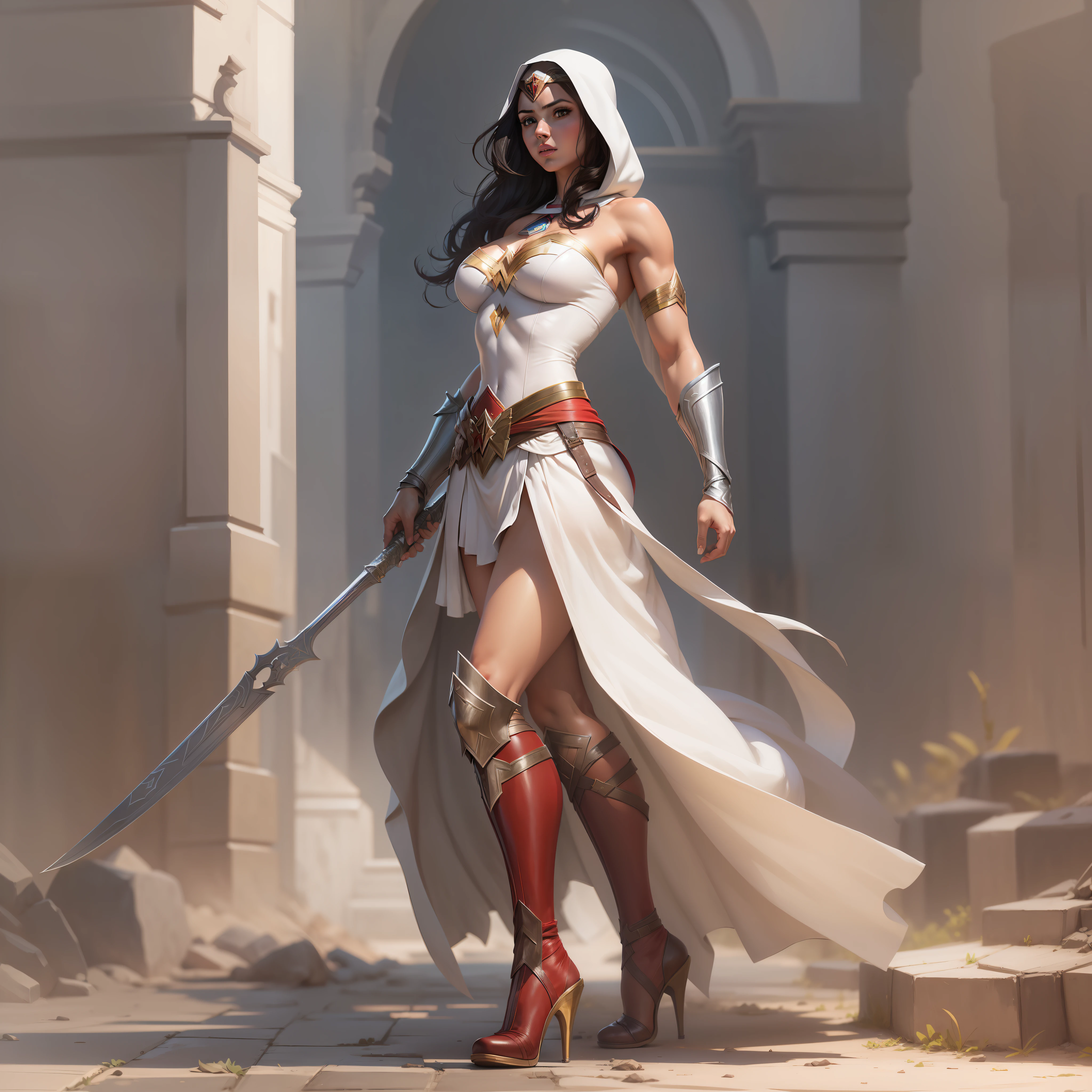 1girl, (masterpiece, top quality, best quality), wonder woman in assassins creed style, assassin white robe, hidden blades, well-defined body, big boobs, abs, long sport legs, boots on heels