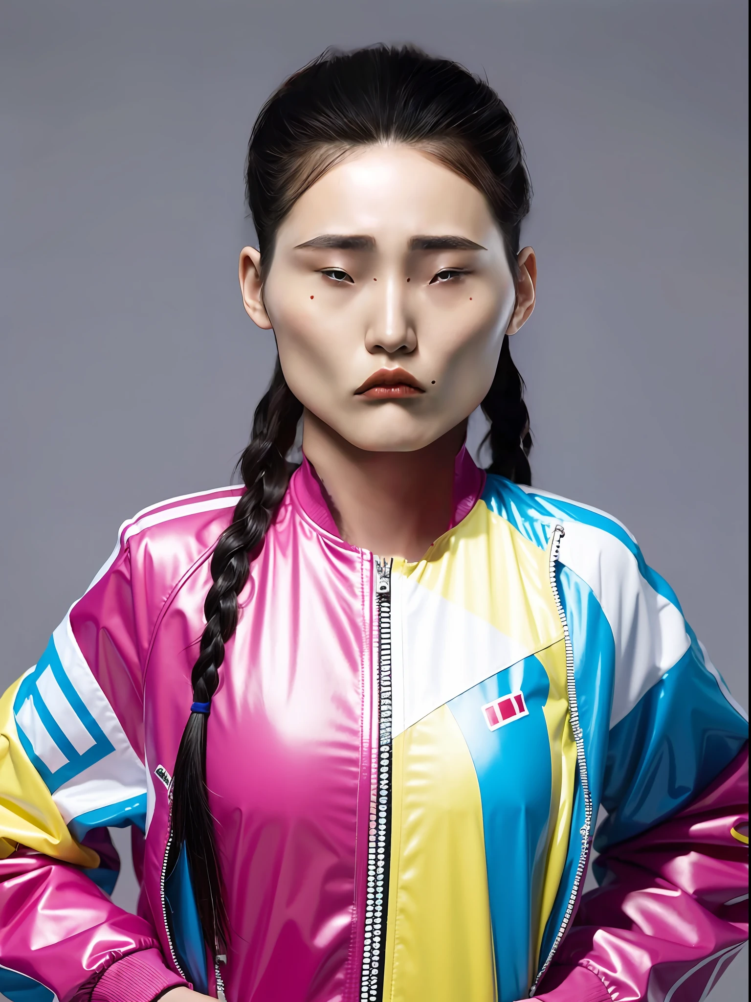 A Chinese high school girl，Plump body shape，Wear a colorful skinny PVC zipper jacket，long braid