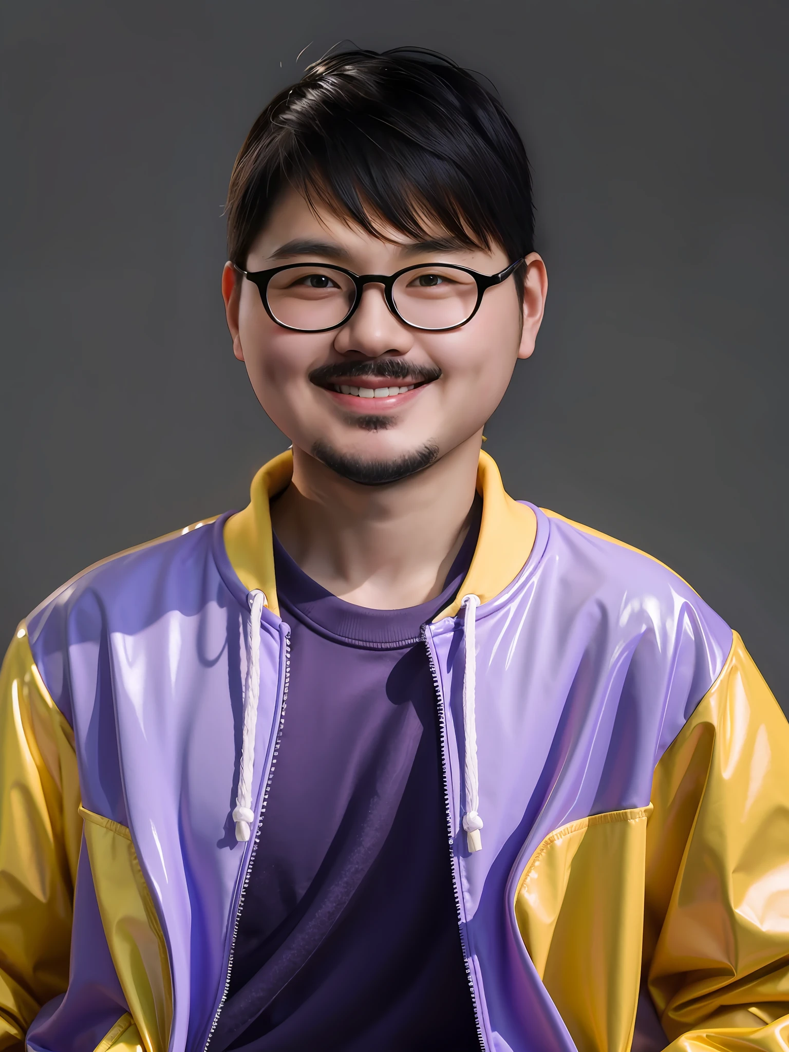 Chinese male high school student，Wearing a PVC purple sweatshirt