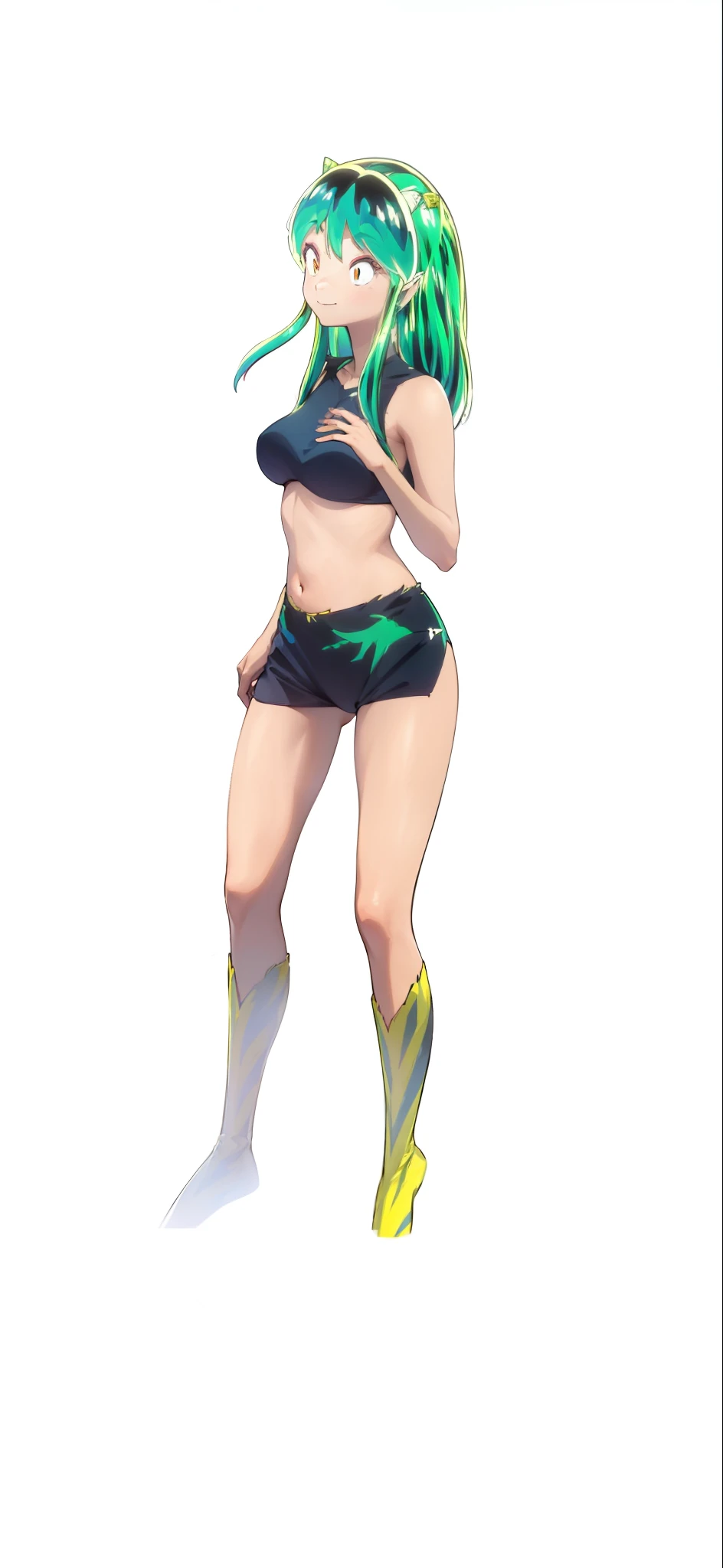 Tiger print boots、sport underwear、Woman with green hair and horns、Tiger print bikini、dance、animesque、urusei yatsura、A smile