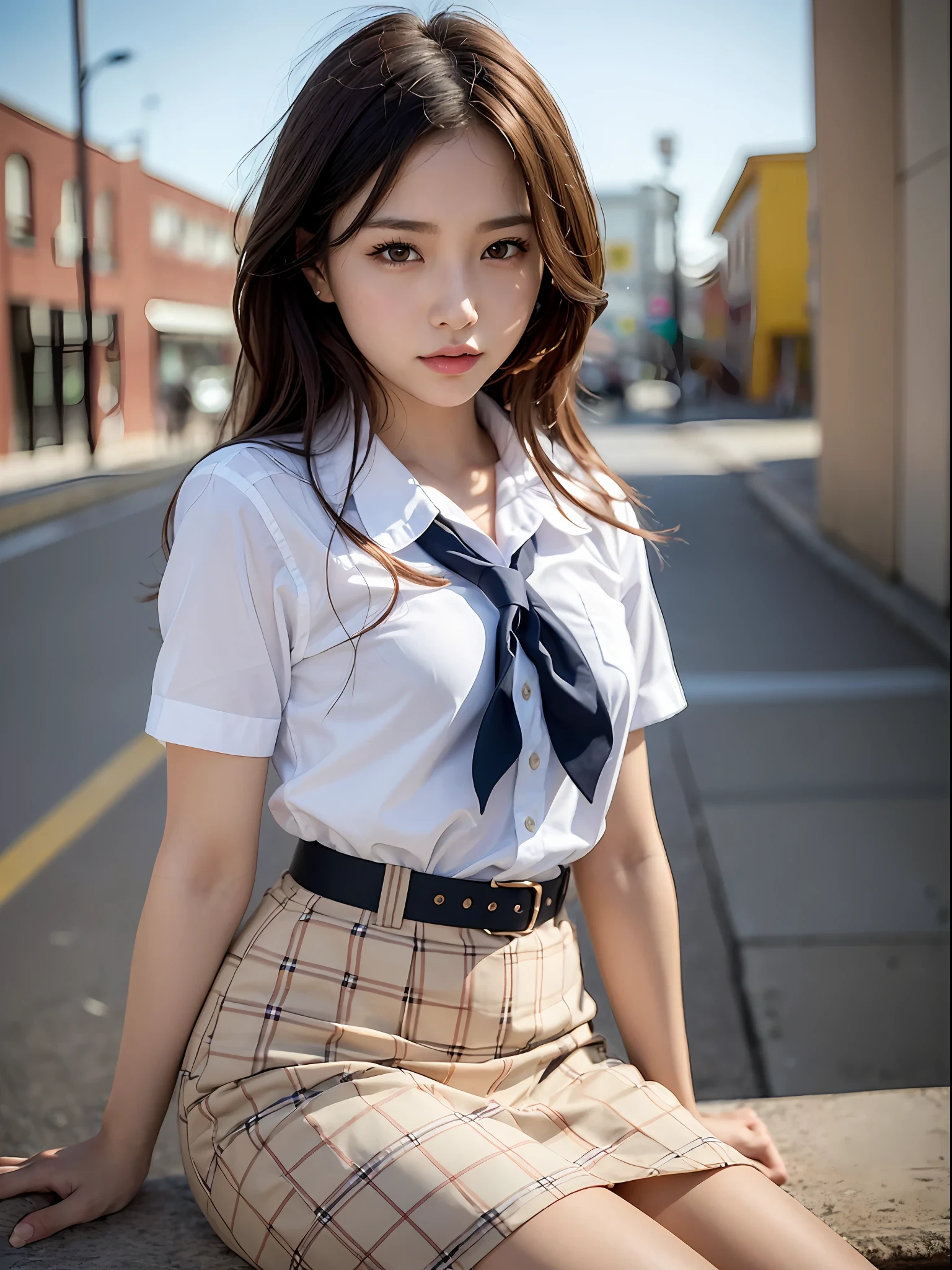((top quality, 8k, masterpiece: 1.3, raw photo)), Sharp Focus: 1.2, (1 kpop idol girl), (Realistic, Photorealistic: 1.37), (face focus: 1.1), cute face, ultra detailed face, small breasts, flat chest, brunette short messy hair, kindness, (sitting, cowboy shot, school uniform, thighs:1.2), school, sunlight, movie lighting