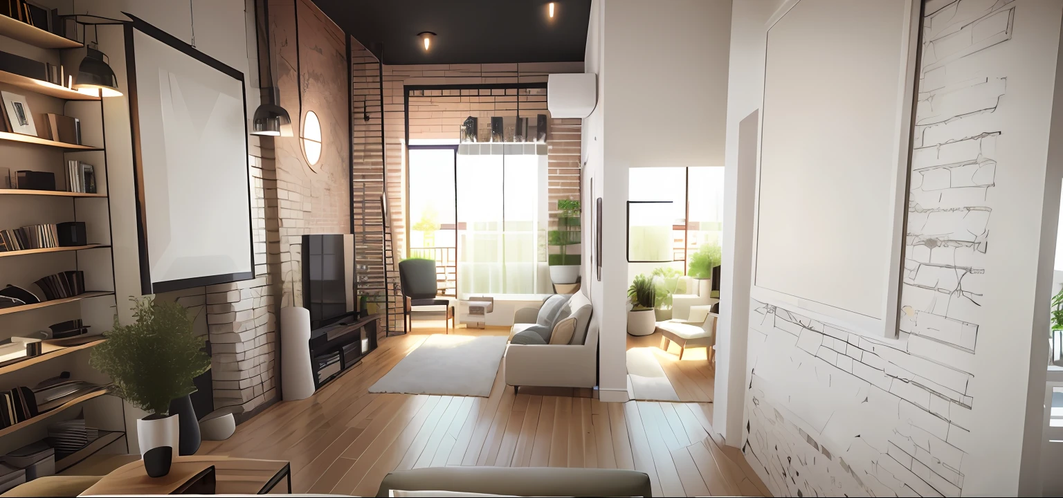 Interior design of a living room, loft style, two storey apartment