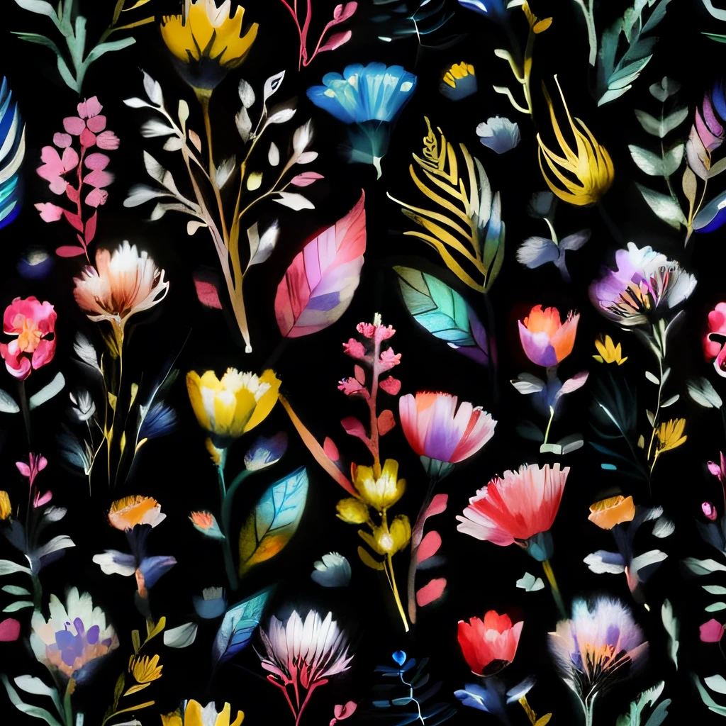 Close up of bouquet on black background，Delicate gorgeous floral pattern wallpaper，Picture full of garden flowers，Unique floral motive，Sparkling neon floral pattern，Beautiful seamless pattern design，Brilliant and colorful flowers，Beautiful floral wallpaper，The visual effect is intertwined with colorful flowers and plants，Plant background，Artistic stylized flowers，Botanical painting like flowing watercolor，Hallucinatory flowers and leaves intertwine，Stylish skin with floral pattern，Intricate floral pattern！