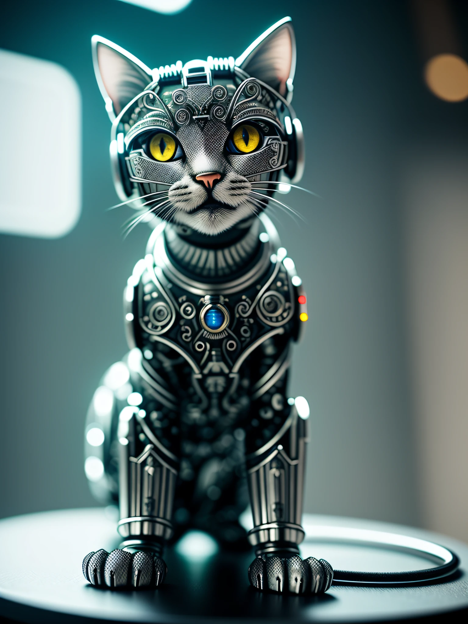 A cute kitten made of metal, (cyborg:1.1), ([tail|detailed wire]:1.3), (intricate detail), hdr, (intricate detail, hyperdetailed:1.2), cine footage, halo shadow, centered