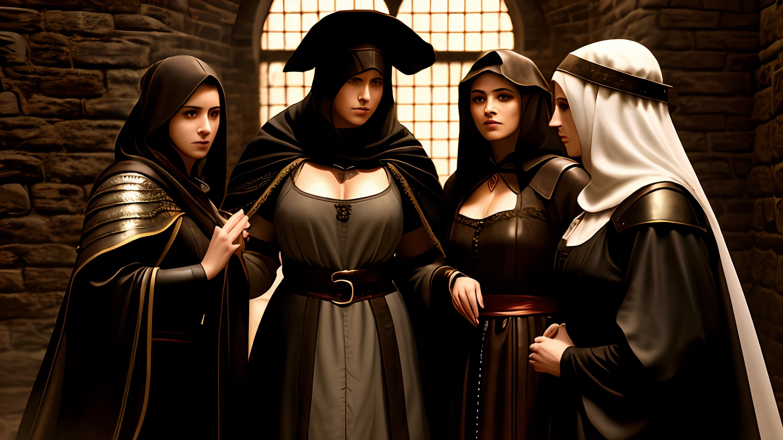 there are three women dressed in medieval clothing standing next to each other, female, video game cutscene, cutscene, cutscene footage, flowing robes and leather armor, ps 3 screenshot, cgi cutscene, corvo attano