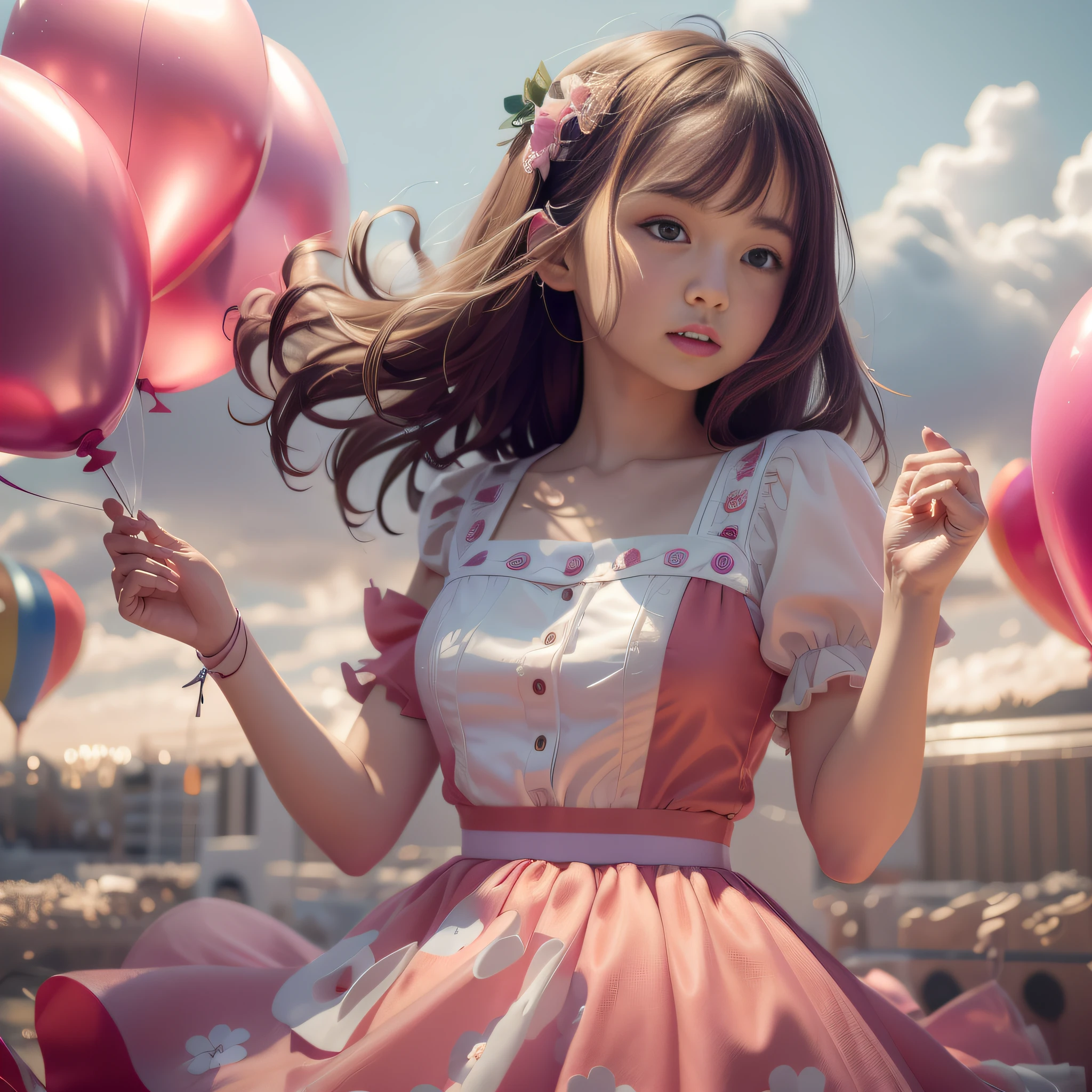 There was a girl in a dress holding a bunch of balloons, Kawaii realistic portrait, Realistic anime 3 D style, Guviz-style artwork, anime styled 3d, photorealistic anime girl rendering, Anime style. 8K, Beautiful anime girl, Smooth anime CG art, 3 d anime realistic, Photorealistic anime, Cute anime girl, pretty anime girl