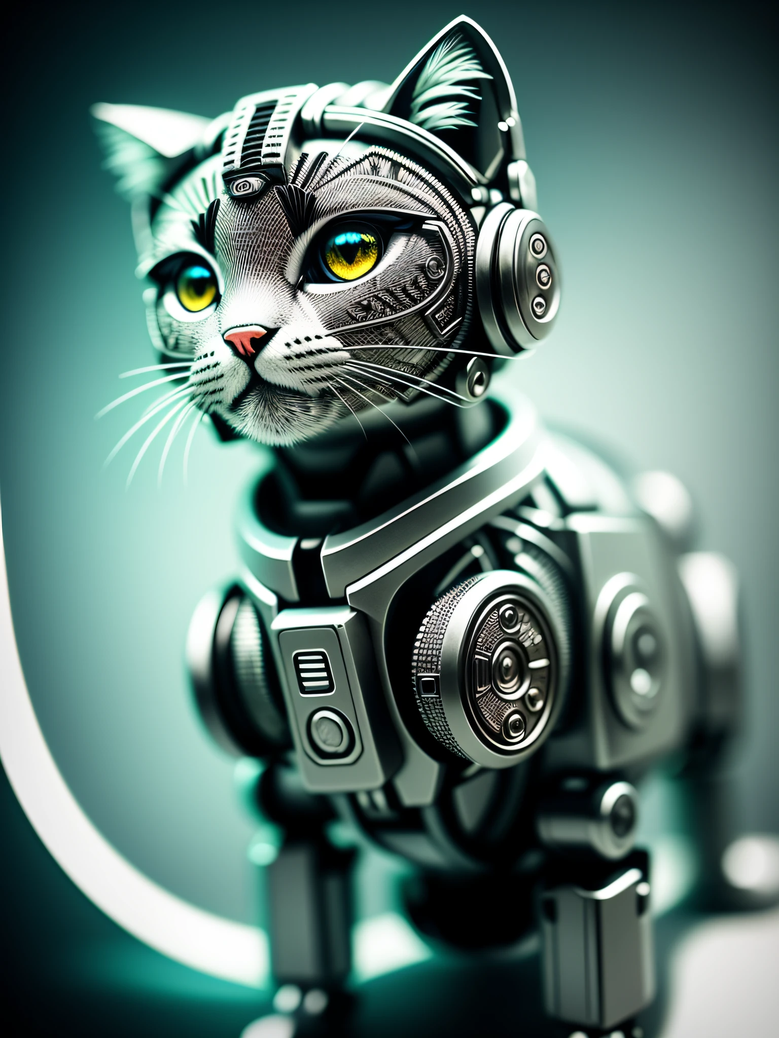 A cute kitten made of metal, (cyborg:1.1), ([tail|detailed wire]:1.3), (intricate detail), hdr, (intricate detail, hyperdetailed:1.2), cine footage, halo shadow, centered