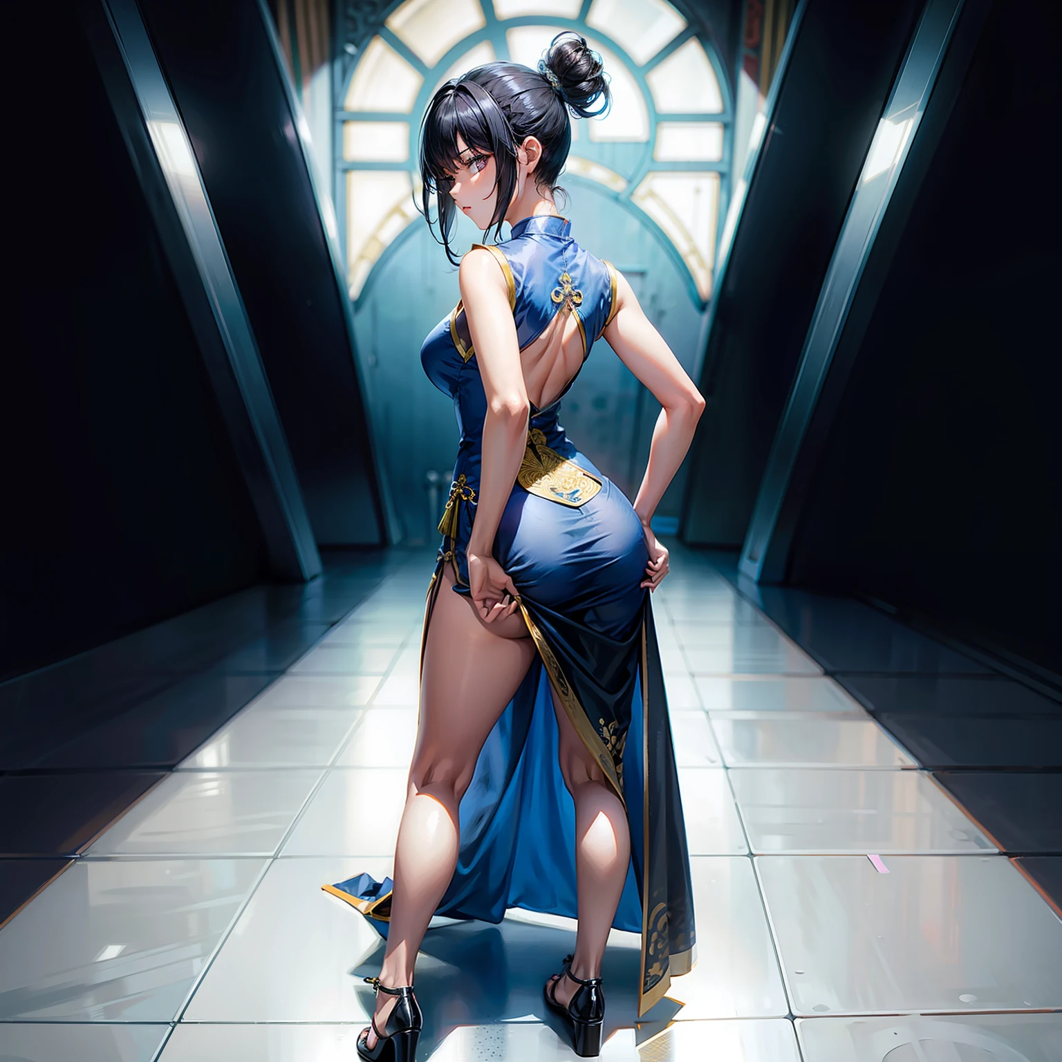 only 1 girl,Very long cheongsam,Sleeveless,blue,Full body photo,Back,Black hair,Hair tied up,hands on hips,Focus on the butt