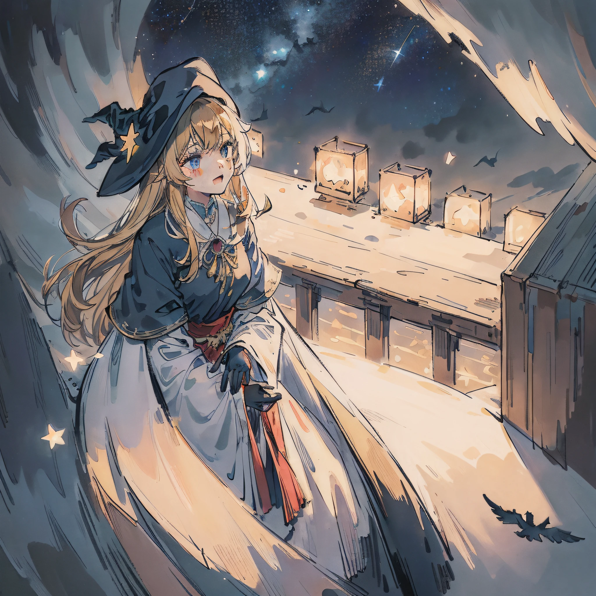 ((Masterpiece: 1.2, Best Quality)), 1girl, Solo, (Witch Hat), Blonde, Long Hair, Dress, Aurora, Night, Stars (Sky), Gloves, Sky, White Dress, Night Sky, Open Mouth, Starry Sky, Blue Eyes, Ribbon, Very Long Hair, Red Dress, Smile, Hair Ribbon, Cloak, Blue Hair, (Bird), Magic, Casting Spells, Dark Clouds, Night, (Impressionism: 1.4), (Tarot: 1.3) , Alphonse Mucha,