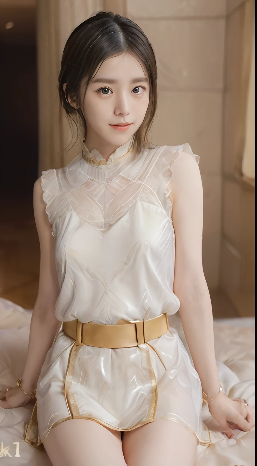 1 girl in(8K、Raw photography、top-quality、masterpiece:1.2)、(realisitic、realisitic:1.37)、ultra-detailliert、Full body shot、realistic eyes and face details、natural skin textures、Dark eyebrows、(((thighs thighs thighs thighs)))、Fair skin、A detailed face、真实感、Realistic background、Realistic lighting、Sweaty skin