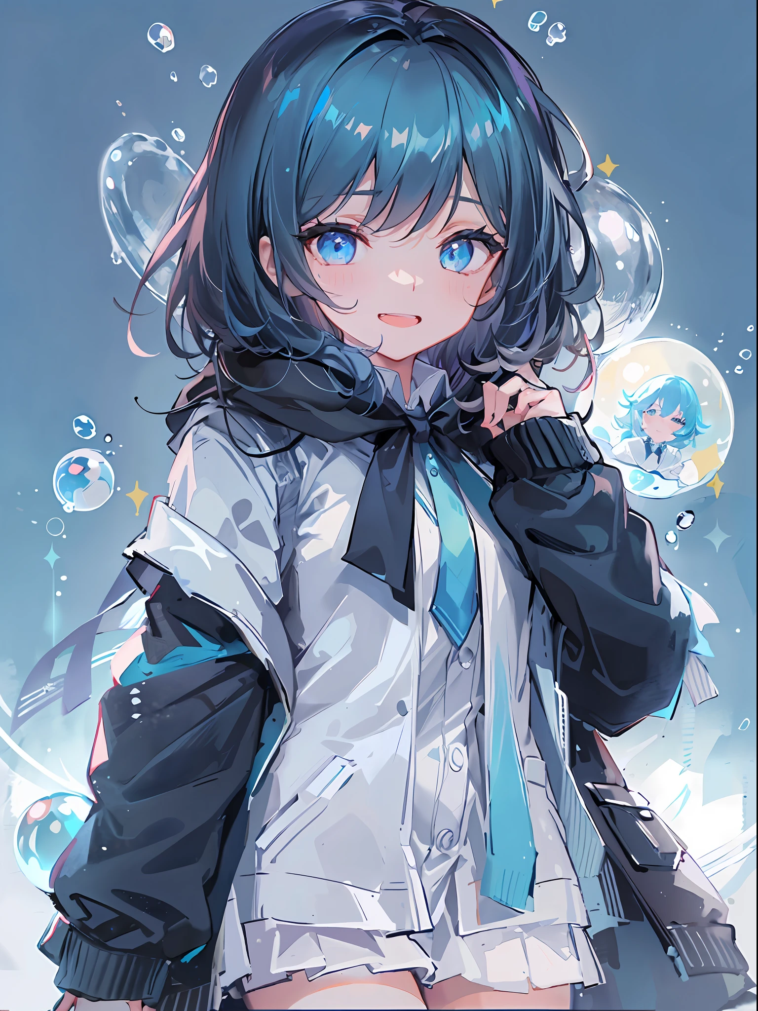 ((top-quality)), ((masterpiece)), ((ultra-detailliert)), (extremely delicate and beautiful), girl with, 独奏, cold attitude,((Black jacket)),She is very(relax)with the(Settled down)Looks,A dark-haired, depth of fields,evil smile,Bubble, under the water, Air bubble,bright light blue eyes,Inner color with black hair and light blue tips,Cold background,Bob Hair - Linear Art, shortpants、knee high socks、White uniform like school uniform、Light blue ribbon ties、Clothes are sheer、Hands in pockets